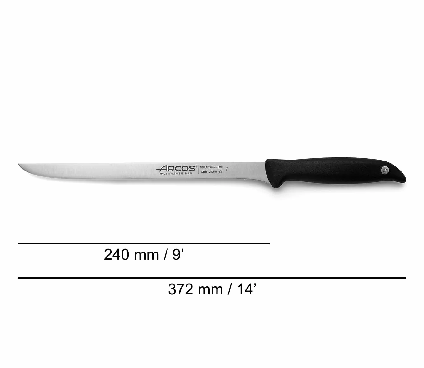 Arcos 145600 Menorka nóż do krojenia szynka, ostrze nitrm stal nierdzewna 240 mm (9,45 cala), uchwyt polipropylenowy czarny
