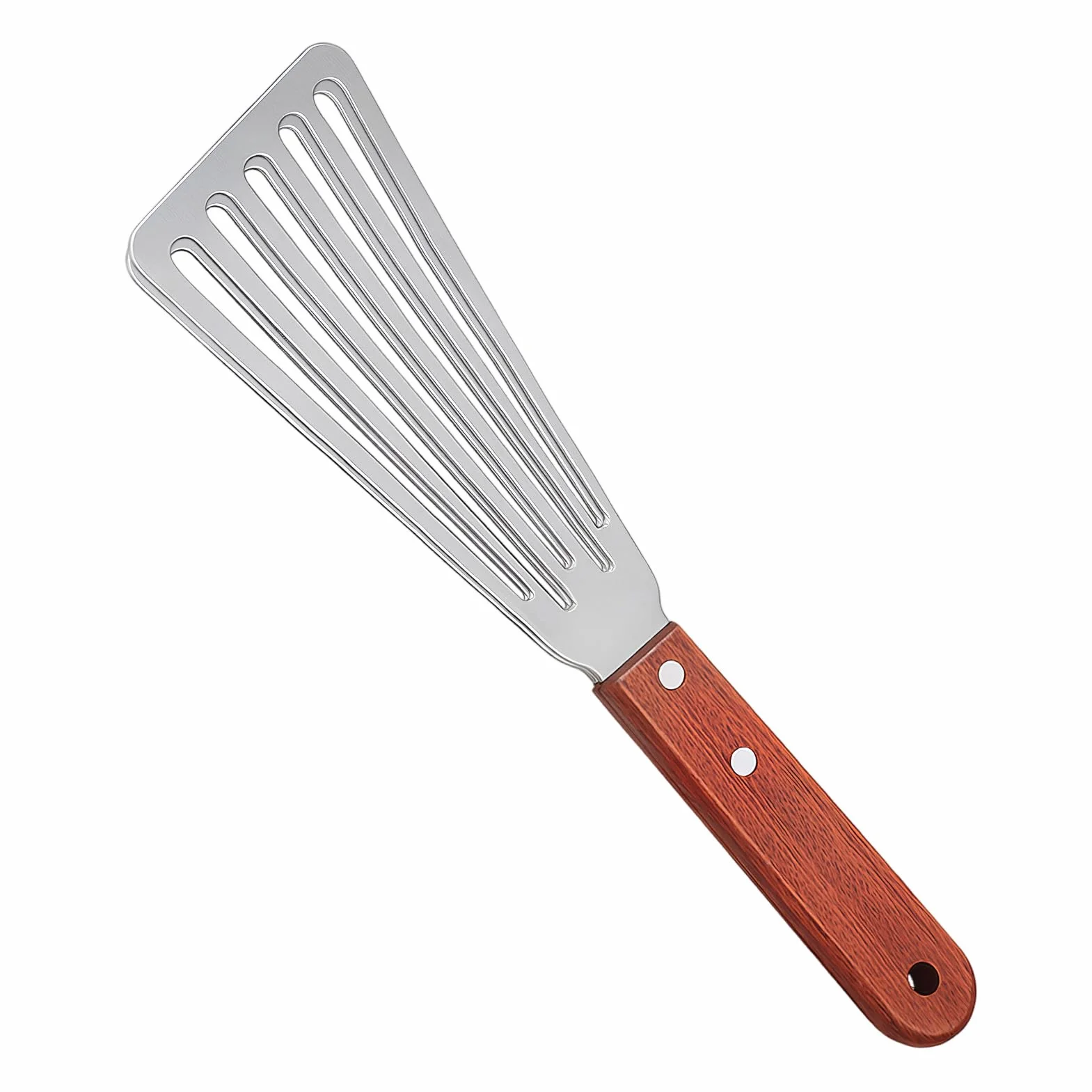 Szpatułka kuchenna ze stali nierdzewnej z otworami, pomocnik kuchenny z drewnianym uchwytem do obracania ryb, naleśników, ostrze 16 cm, długość 28 cm, ścięta konstrukcja zapewnia łatwe obracanie i