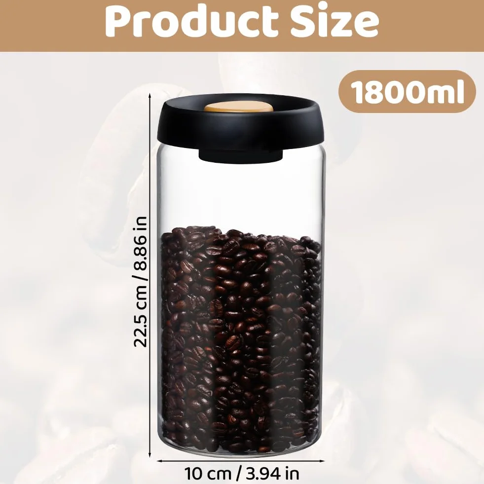 Szklany słoik na kawę, 1800 ml, z zaworem odgazowującym do przechowywania świeżej kawy w ziarnach, herbacie i orzechach