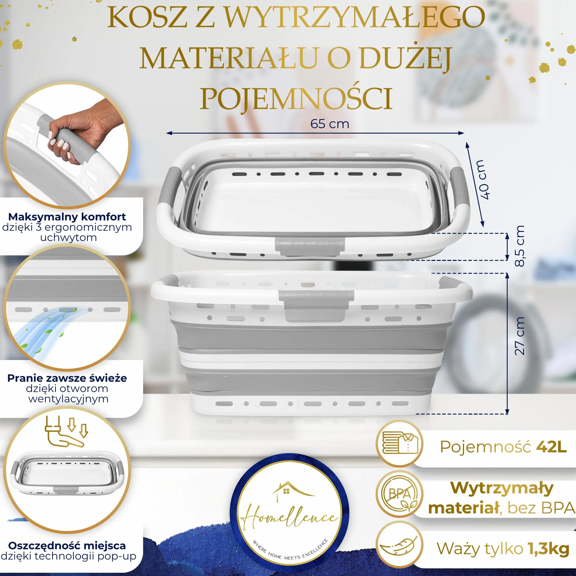 Homellence Składany Kosz na Pranie 42L - Silikonowy Plastikowy Koszyk Wentylowany - 65x40x27/8,5cm Szary