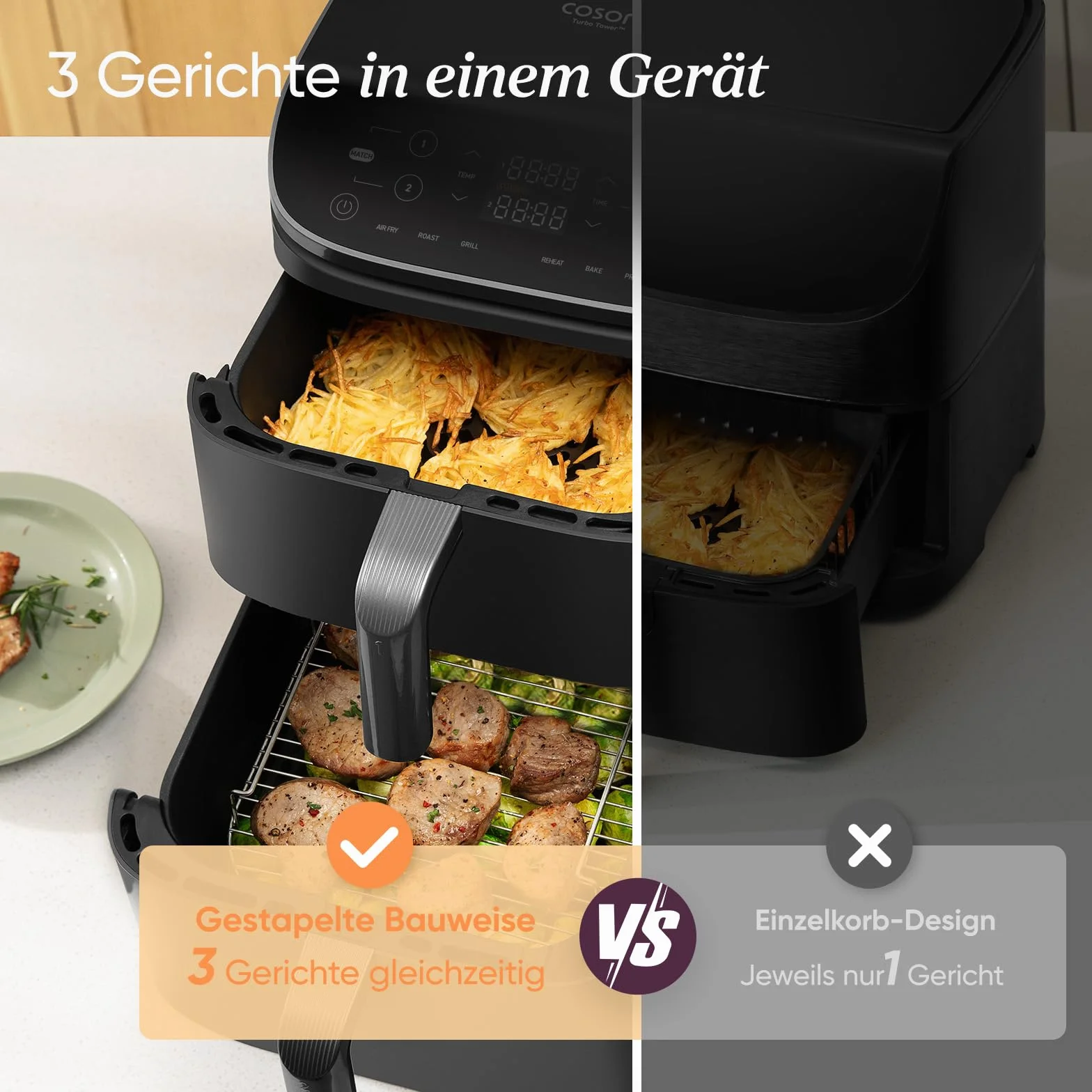 COSORI Airfryer frytkownica na gorące powietrze 2 komory 10,8 l stal nierdzewna srebrno-szara