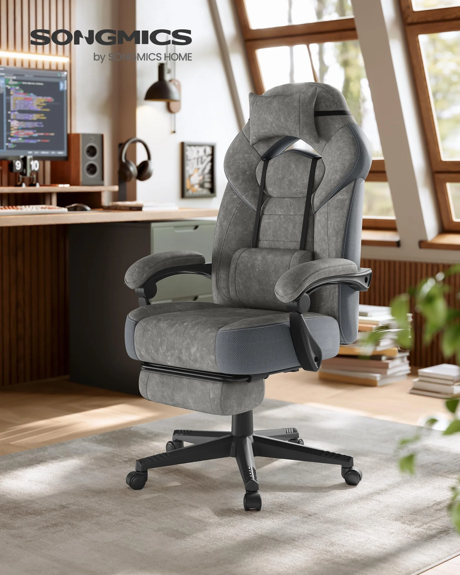 SONGMICS Fotel gamingowy OBG077G01, ergonomiczne wzornictwo, z podnóżkiem, regulowany zagłówek, podparcie lędźwi, nośność 150 kg, szary łupkowy