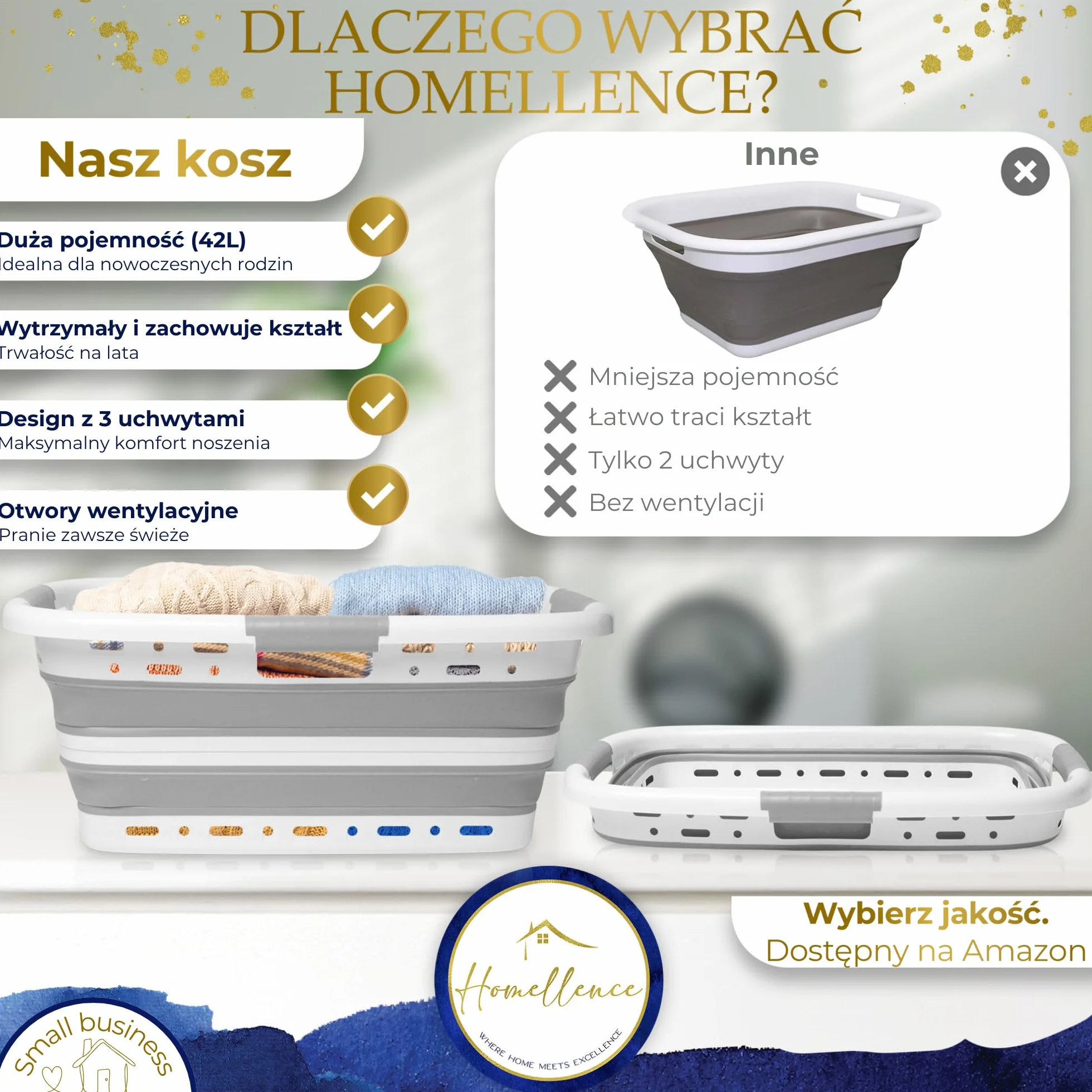 Homellence Składany Kosz na Pranie 42L - Silikonowy Plastikowy Koszyk Wentylowany - 65x40x27/8,5cm Szary