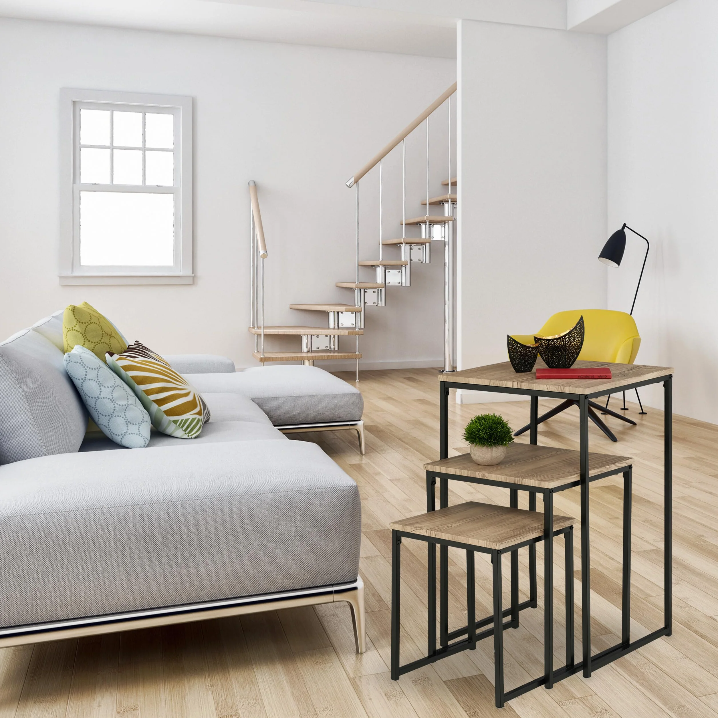 Relaxdays Zestaw 3 stolików pomocniczych, możliwość układania w stos, stół 3 rozmiary, kwadratowy, metalowy, do salonu, stół dekoracyjny, szary/czarny, płyta pilśniowa, 76 x 46 x 46 cm