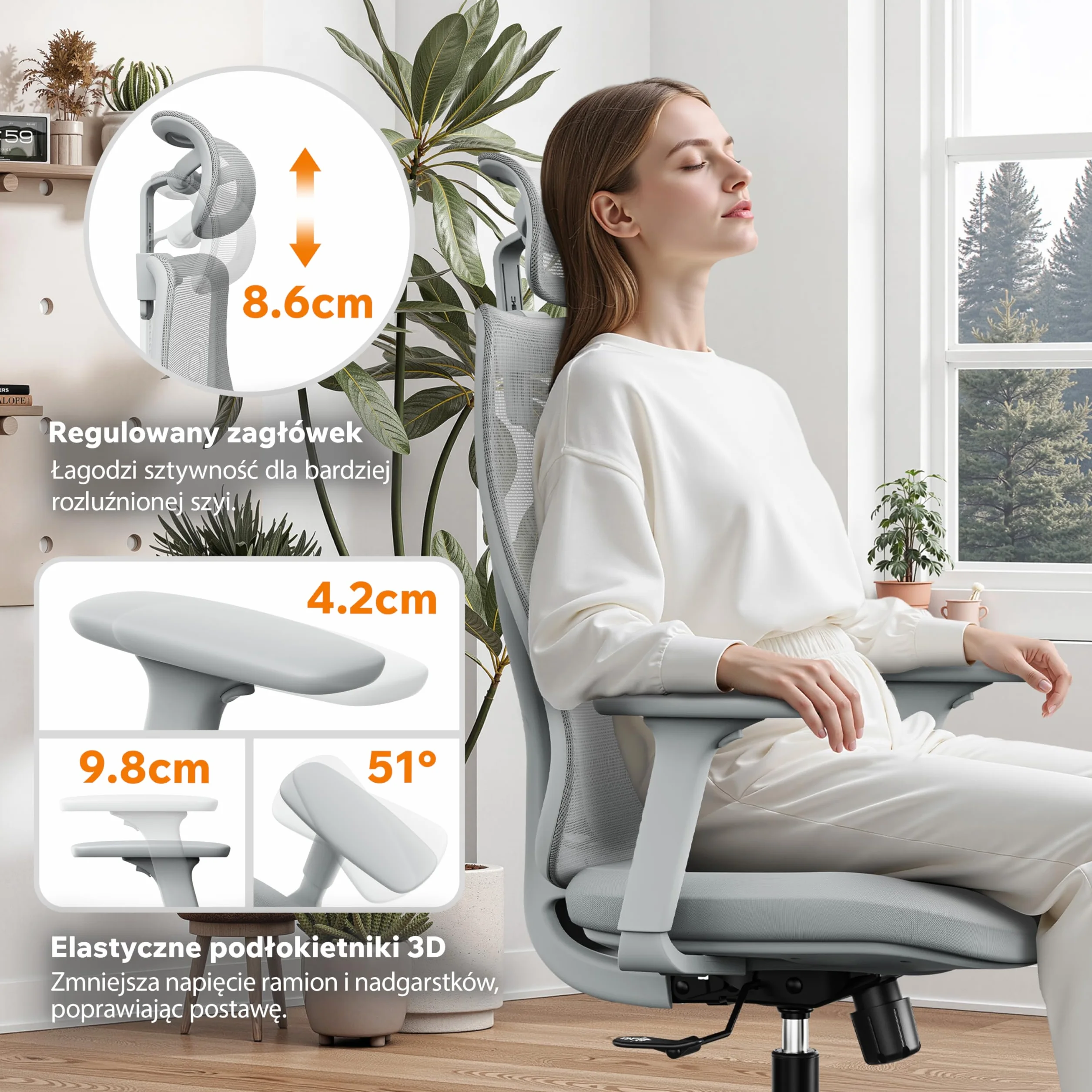 SENSE7 Fotel Biurowy Gamingowy Ergonomiczny Krzesło Obrotowe Biurowe Regulowany dla Home Office Graczy do 150kg Oddychająca Tkanina Regulowany Zagłówek z Podparciem Podłokietnikami 3D - MOYO Szary