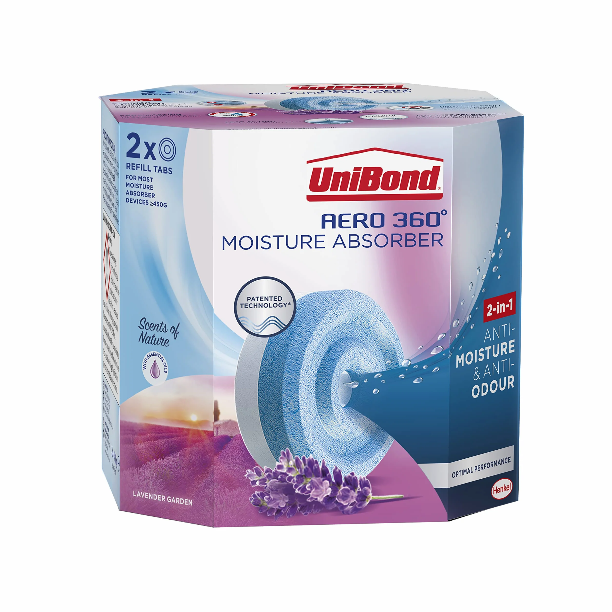 UniBond AERO 360° wkład uzupełniający pochłaniacz wilgoci lawendowy ogród 2 x 450 g dwupak