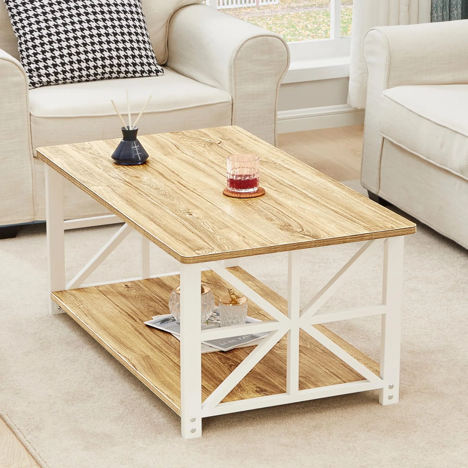 GreenForest Okrągły Narożny Stolik 100 cm z Półką, 2-poziomowa Rama X, Nowoczesny Design
