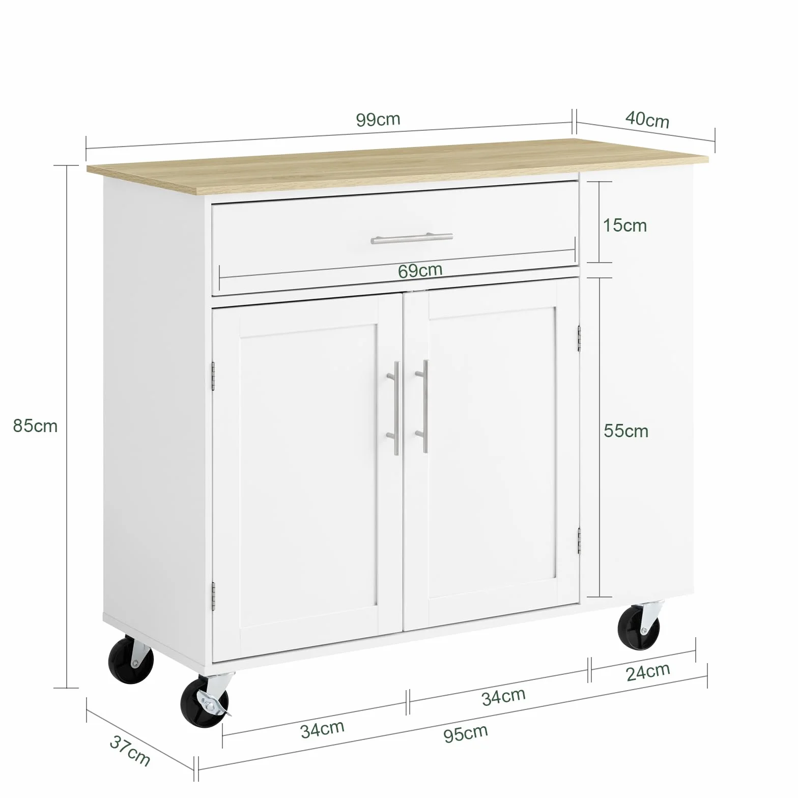 SoBuy Wyspa Kuchenna na Kółkach Mobilny Wózek Kuchenny z Szufladą Regulowaną Półką Biały 99x40x85 cm FKW133-WN
