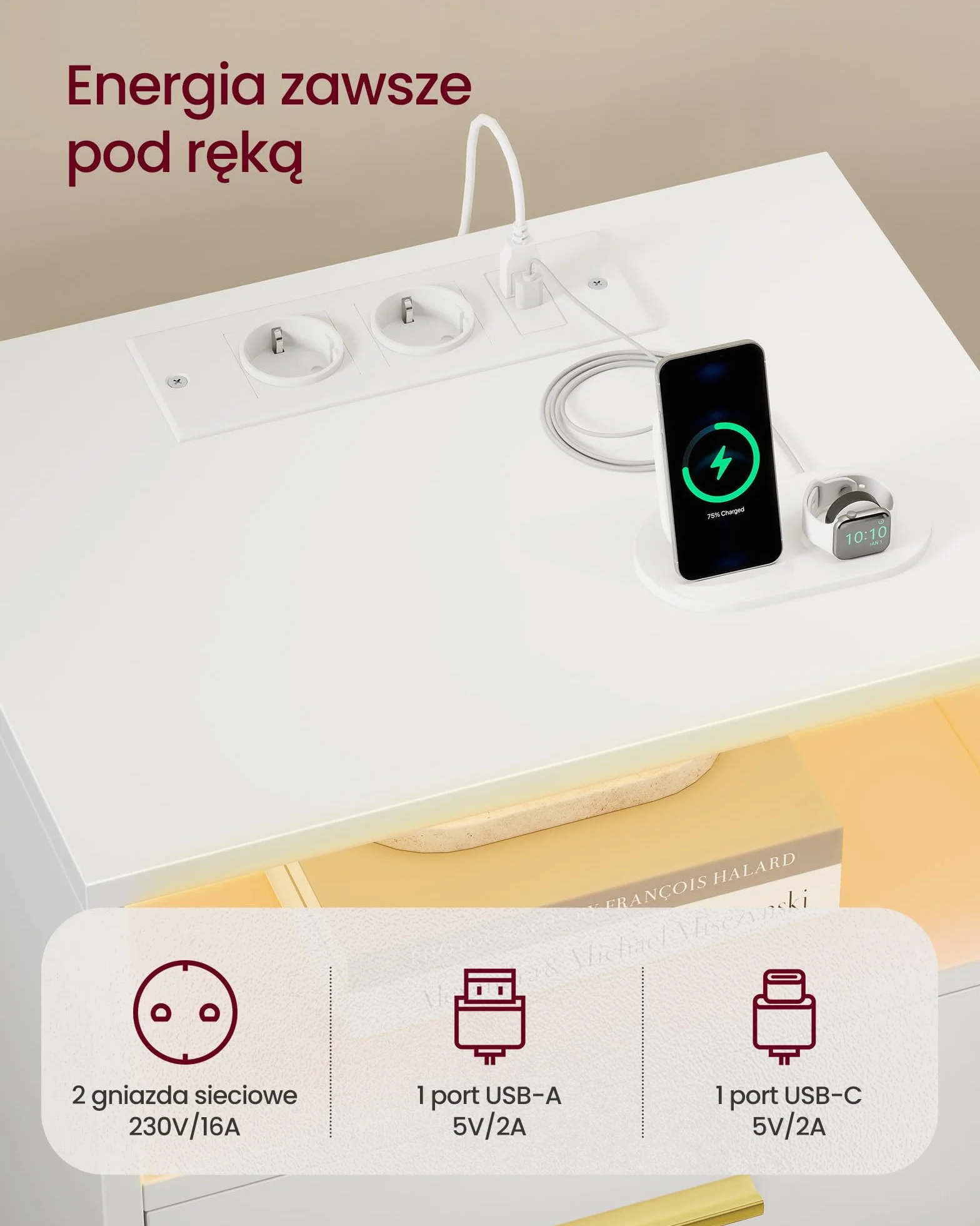 VASAGLE CUSTOS Stolik Nocny ze Stacją Ładującą LED 2xAC USB Szary Biały LET629WB01