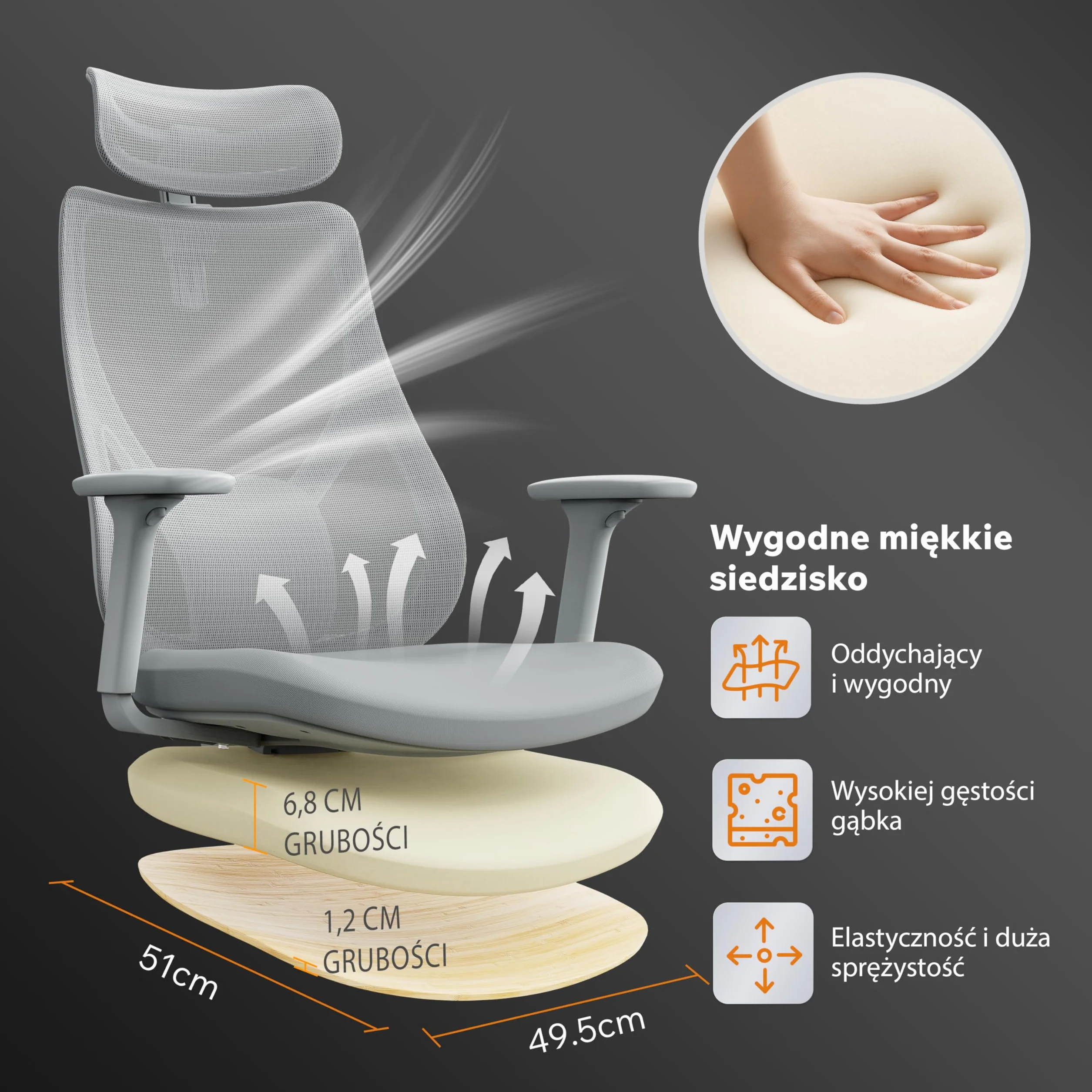 SENSE7 Fotel Biurowy Gamingowy Ergonomiczny Krzesło Obrotowe Biurowe Regulowany dla Home Office Graczy do 150kg Oddychająca Tkanina Regulowany Zagłówek z Podparciem Podłokietnikami 3D - MOYO Szary