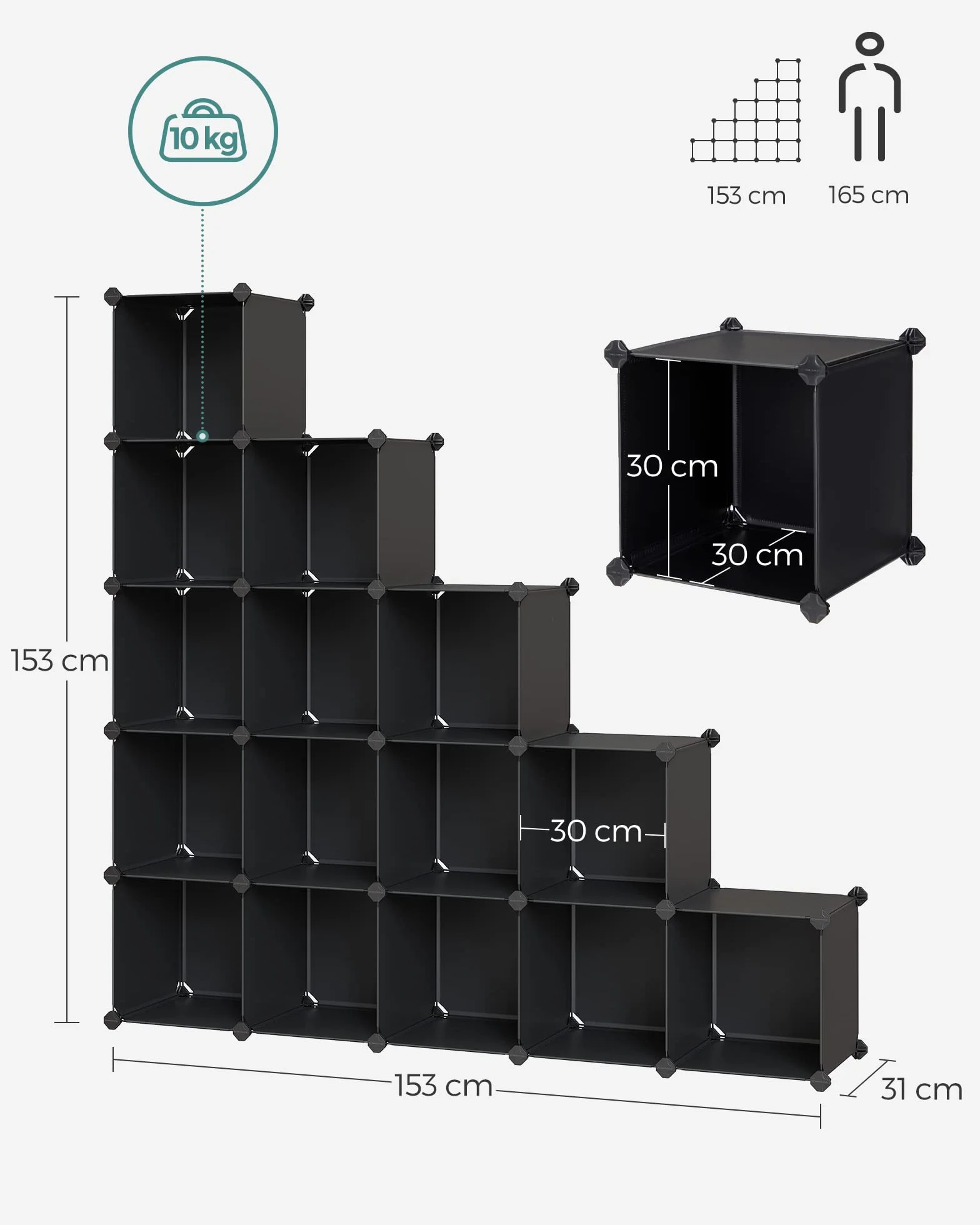 SONGMICS Modułowa szafka na buty 16 kostek 31 x 123 x 123 cm czarna LPC44BK