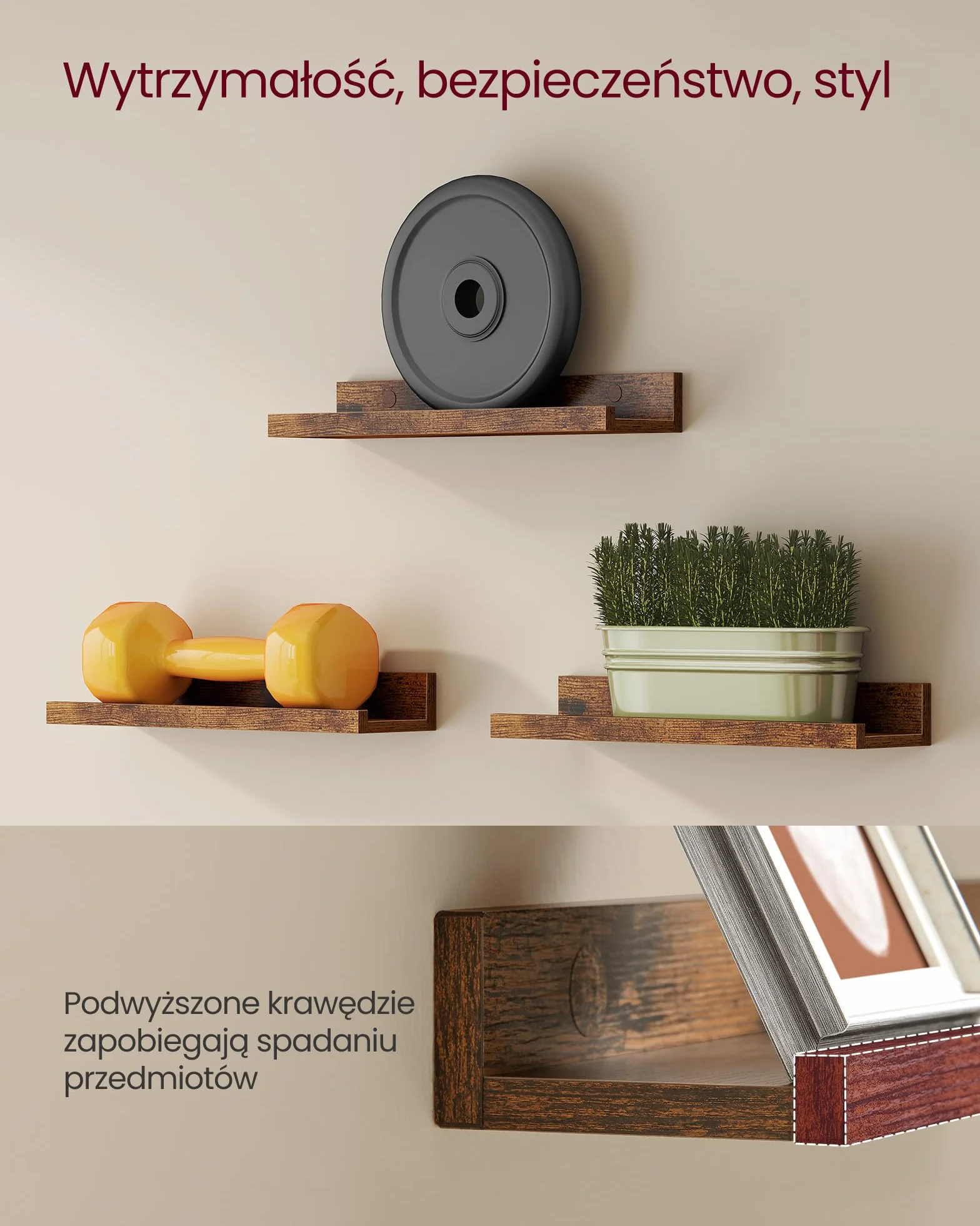 VASAGLE 3-częściowy zestaw wiszących regałów 38 cm z wysoką krawędzią brązowe rustykalne
