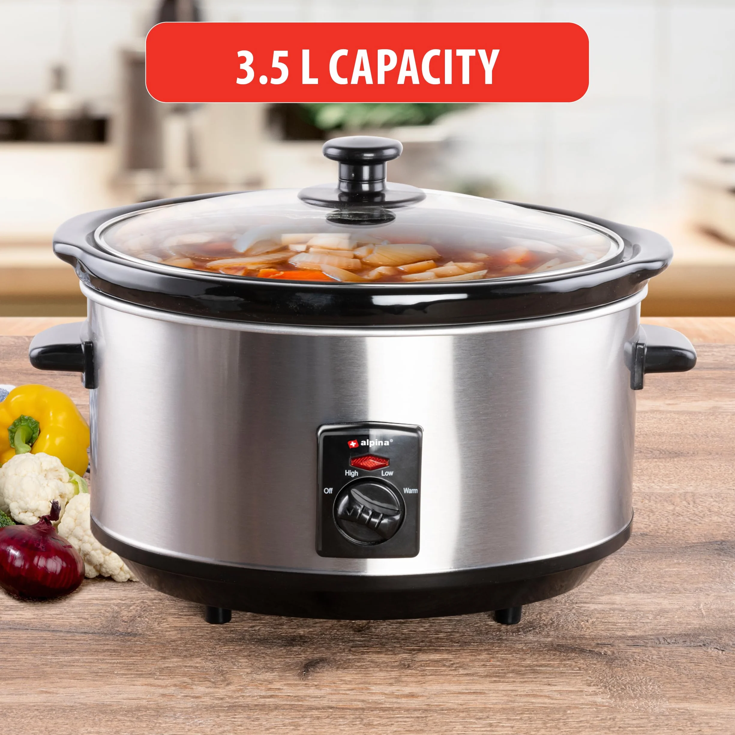 Alpina Slow Cooker 3,5L Ceramiczny Stal Nierdzewna 3 Stopnie Grzania