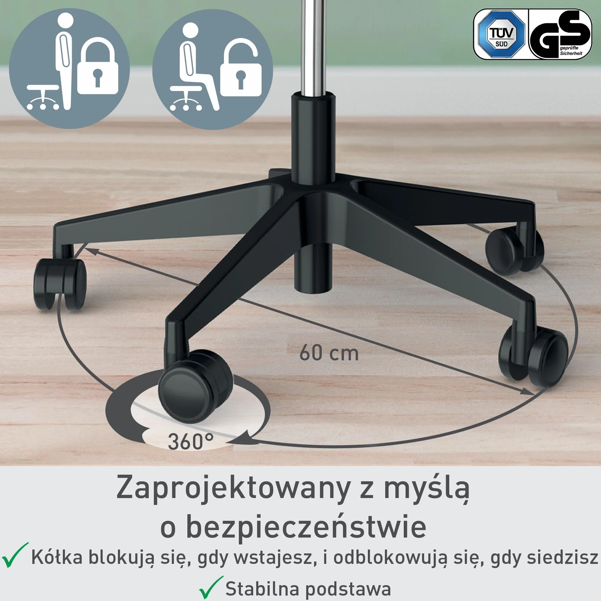 Leitz Ergo Active Stołek na Kółkach Ergonomiczny z Regulacją Wysokości 47-60cm Siedzisko z Poduszką Pianki Podwójnej Gęstości Czarny
