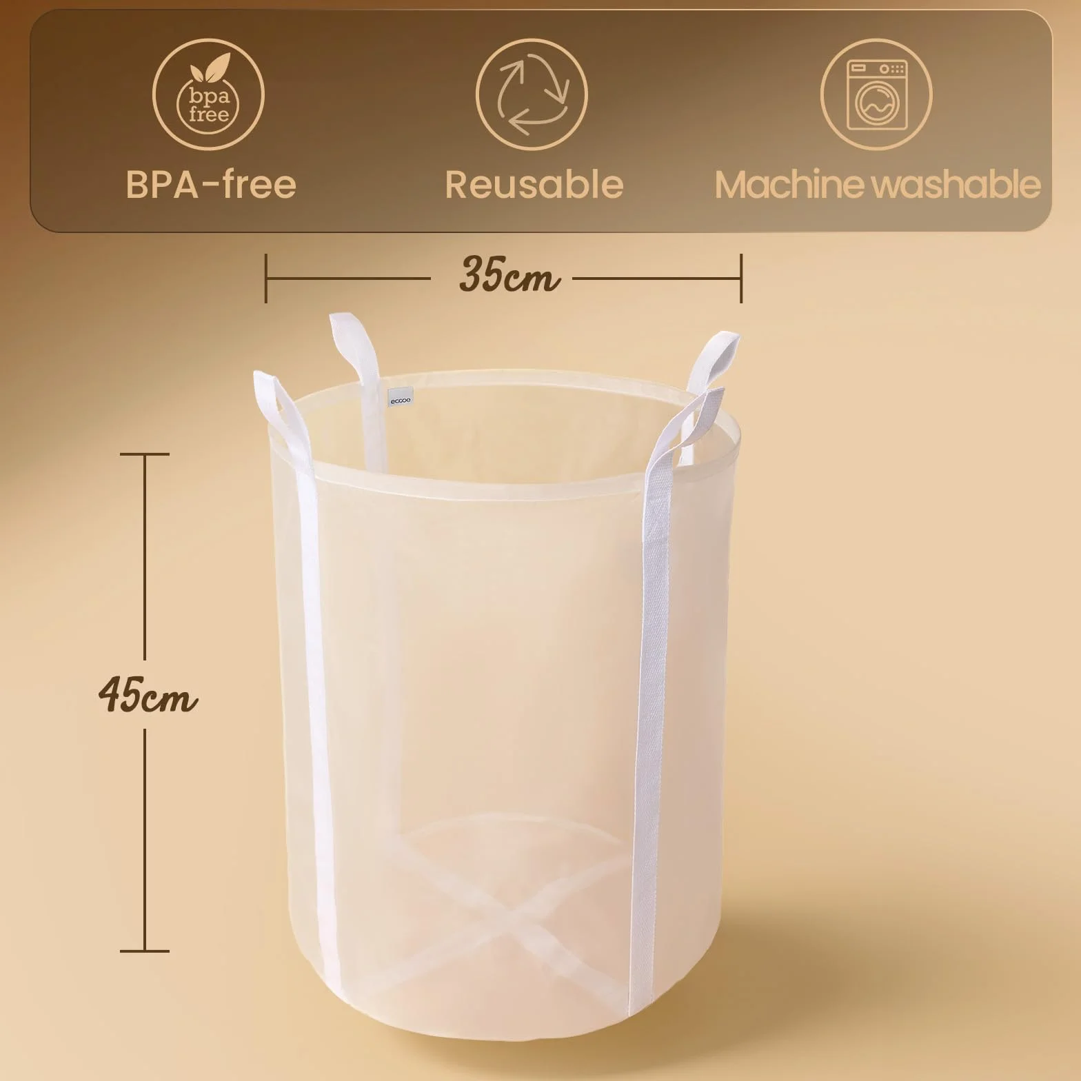 ecooe Wielorazowa nylonowa torba do parzenia ecooe ze wzmocnionymi uchwytami, profesjonalne worki filtracyjne do piwa 45 x 35 cm, białe, drobne worki filtracyjne do wina, herbaty, kawy (1 sztuka)