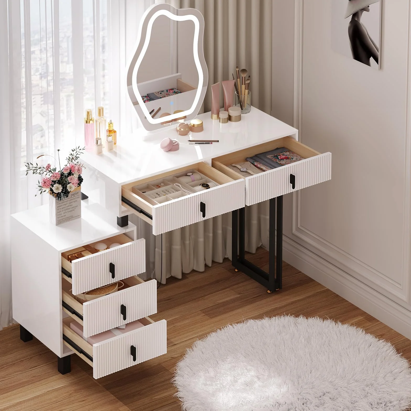 WOLTU MB6118ws-UK toaletka z przyciemnianym oświetleniem LED, biała toaletka z lustrem w kształcie chmury i 5 szufladami, stolik do makijażu z szafką boczną