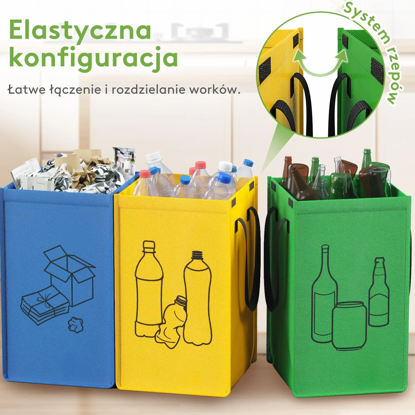 Lifewit System segregacji śmieci do kuchni, 3 przegródki na papier, szkło i plastik, pojemniki z recyklingu, pojemnik na odpady i butelki na kaucję, 3 x 45 l, łatwe opróżnianie