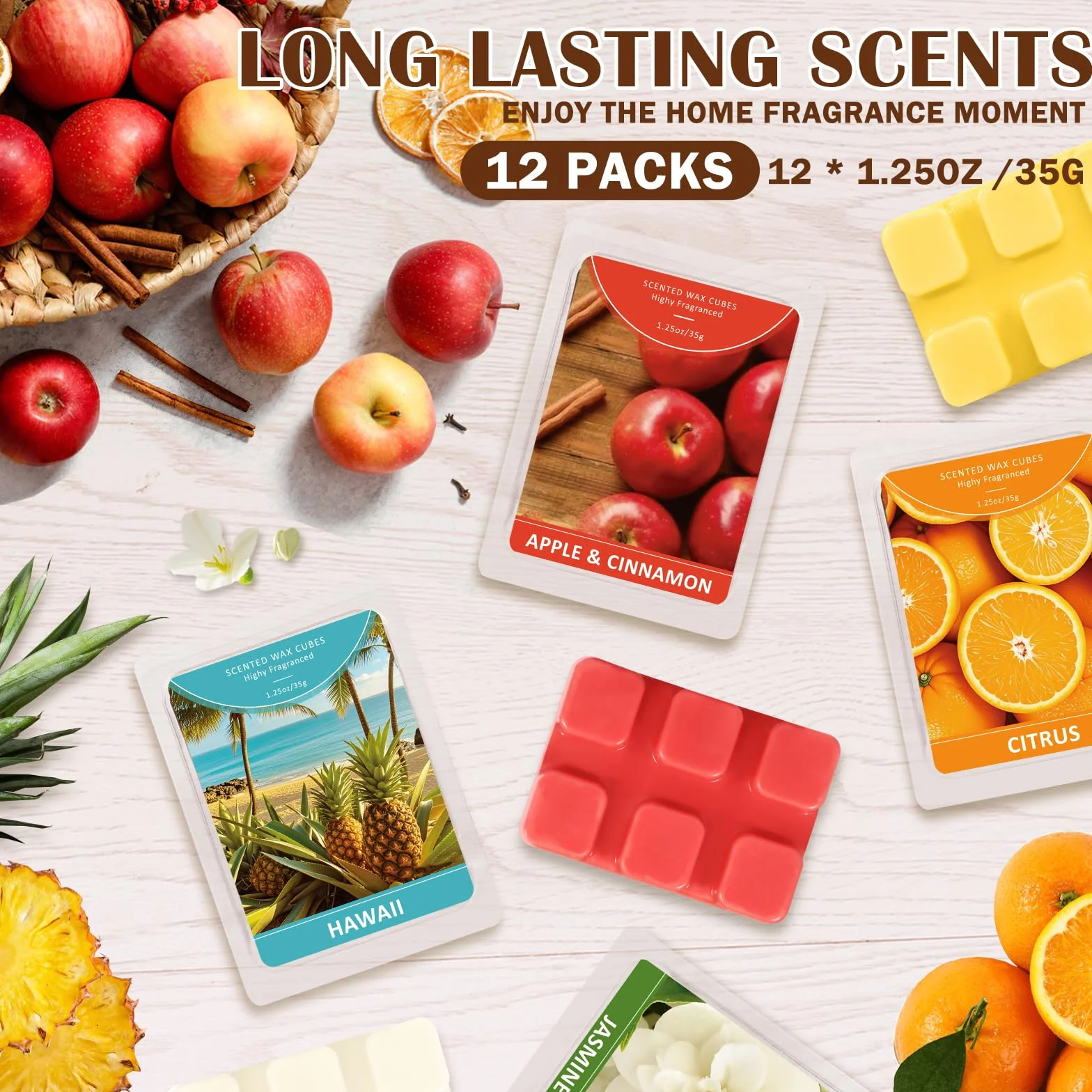 SCENTORINI Wosk zapachowy do topnienia, kostki wosku zapachowego, 12 aromatów, 35 g naturalny wosk sojowy bloki z olejków eterycznych, zapachowe kostki wosku do domu, łazienki, Amb