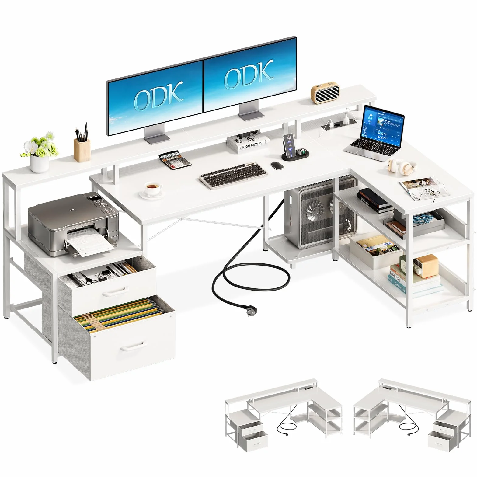 ODK Biurko Narożnikowe L 172.5 x 100 cm z Gniazdem USB, Biały