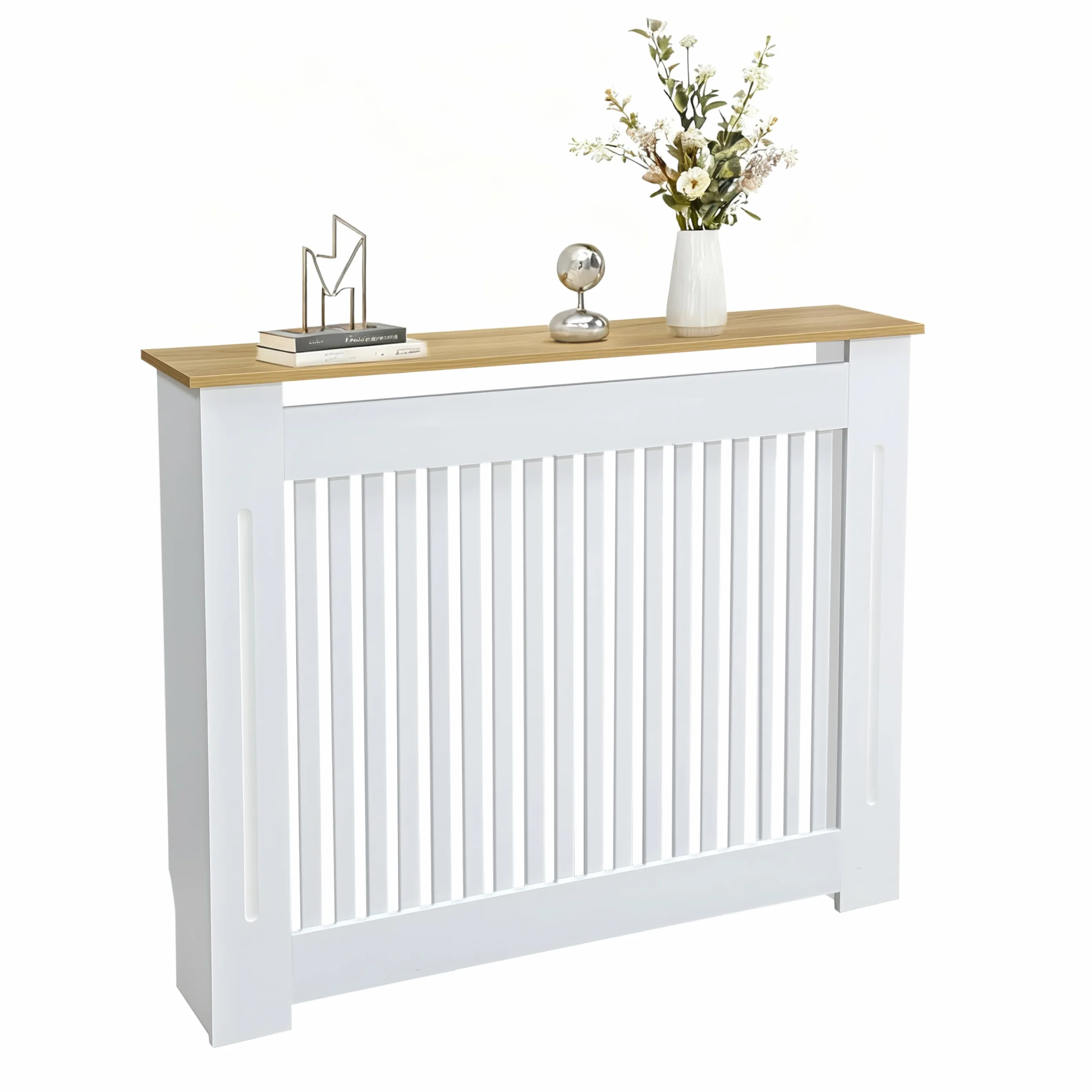 FATIVO Biała drewniana osłona chłodnicy nowoczesna pokrywa z listwami i górną półką designerska szafka do salonu sypialnia biuro - 105 x 18 x 90,5 cm