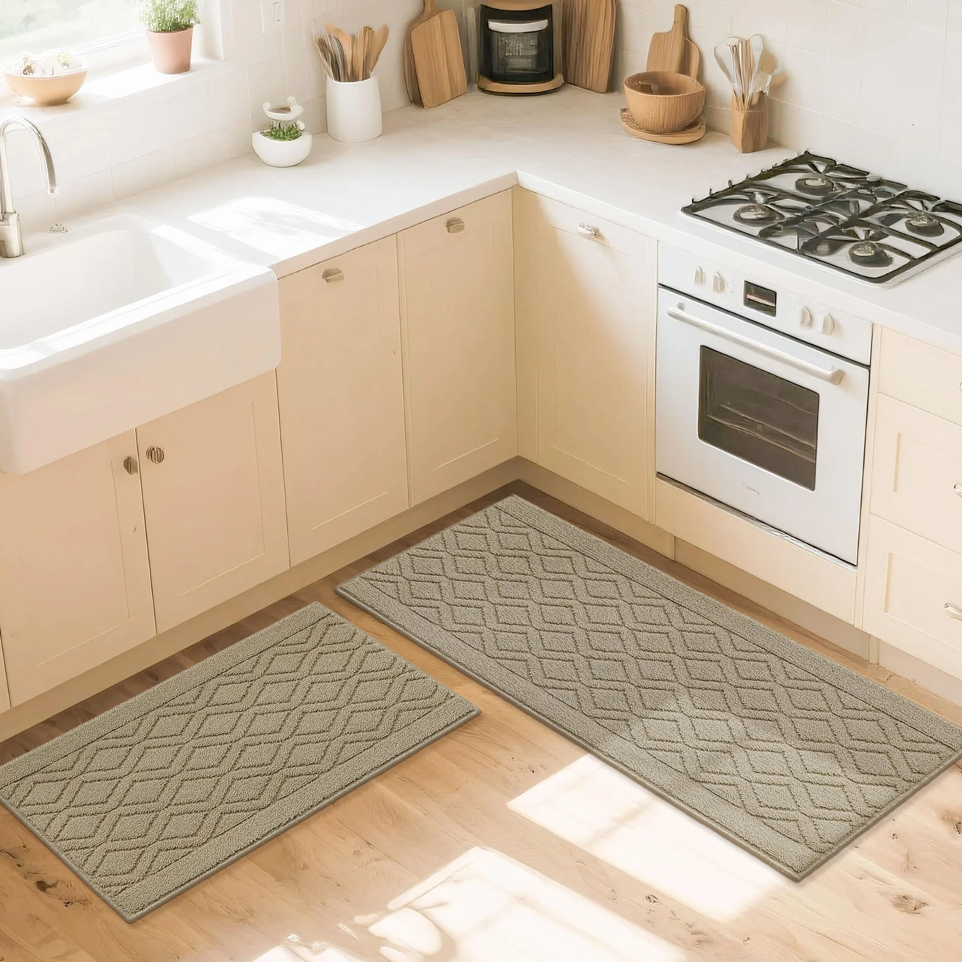 COSY HOMEER 48x20 Inch/30X20 Inch Kitchen Rug Mats Made of 100% Polypropylene 2 Pieces Soft Kitchen Mat Specialized in Anti Slippery and Machine Washable for Home Kitchen,Beige