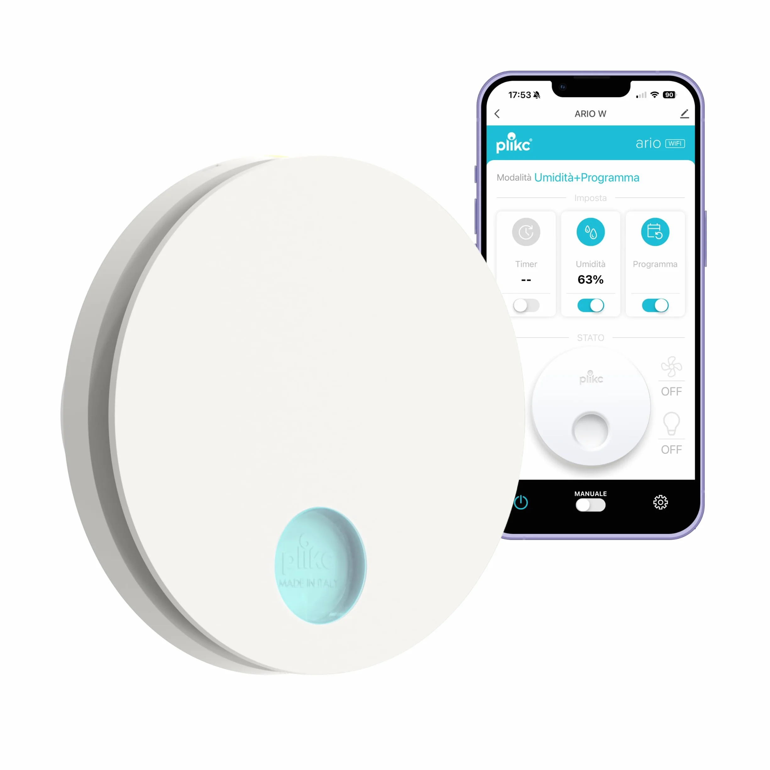 Aspirator ścienny z zasysaniem osiowym WIFI serii "Ario W" z czujnikiem wilgotności i zegarem - 100% MADE IN ITALY (Średnica 100 Biały)