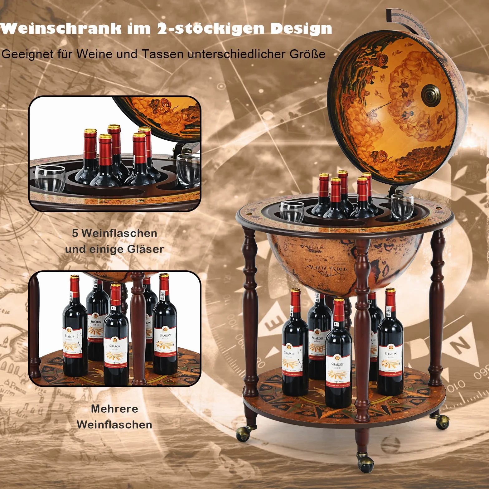 COSTWAY Globusbar szafka barowa, baroczny wózek barowy z rolkami i pokrywą, domowa szafka barowa z globusem,  Globus regał winowy szafka winna na butelki, stół barowy minibar do kuchni, salonu