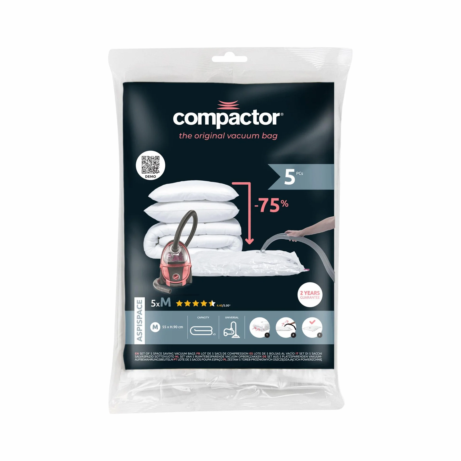 Compactor Aspispace RAN7368 Zestaw, 5 x Worek do Przechowywania Próżniowego, rozmiar M, 55 x 90 cm, Przezroczysty