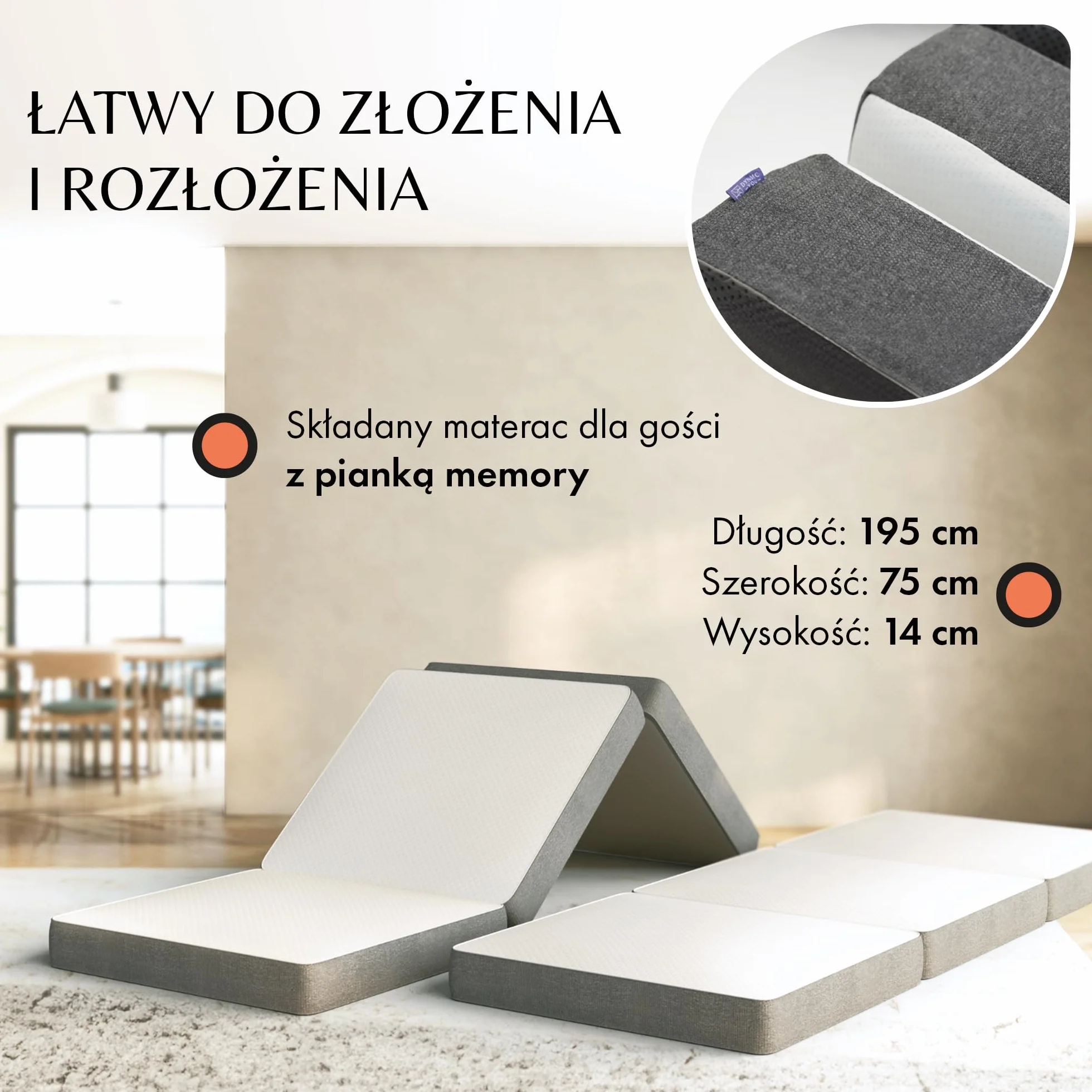 DYNMC rozkładana sofa łóżko dla gości 2- BARDZO DOBRY test - H3 średnio twardy materac składany - składany materac dla gości (Szary/Biały, Jednoosobowy)