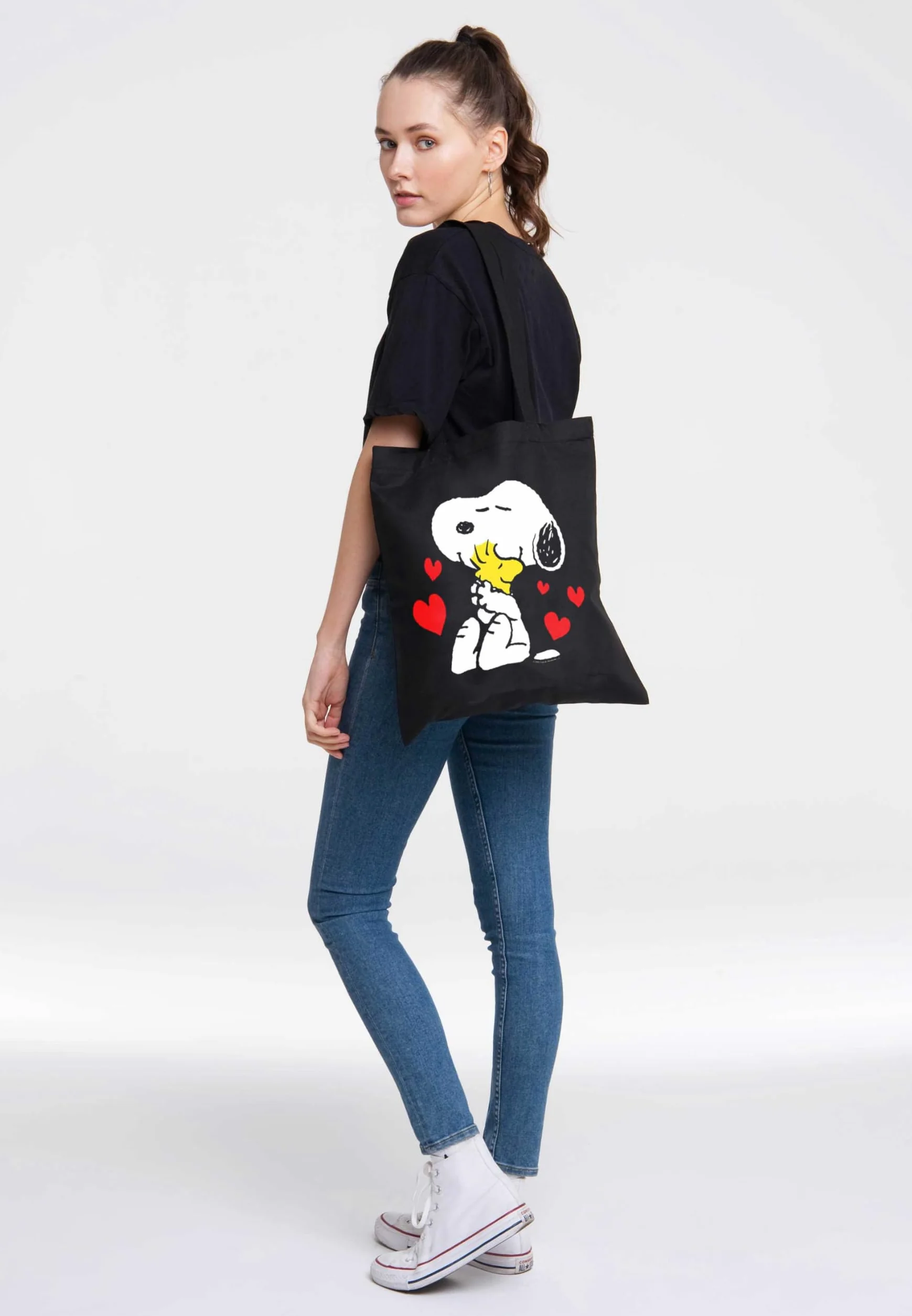 Logoshirt® Peanuts I Snoopy & Woodstock I Best Friends I Torba bawełniana na zakupy I Ekologiczna I Worek jutowy I Z motywem I Długie uchwyty I Öko-Tex® I Czarna I Licencjonowany design