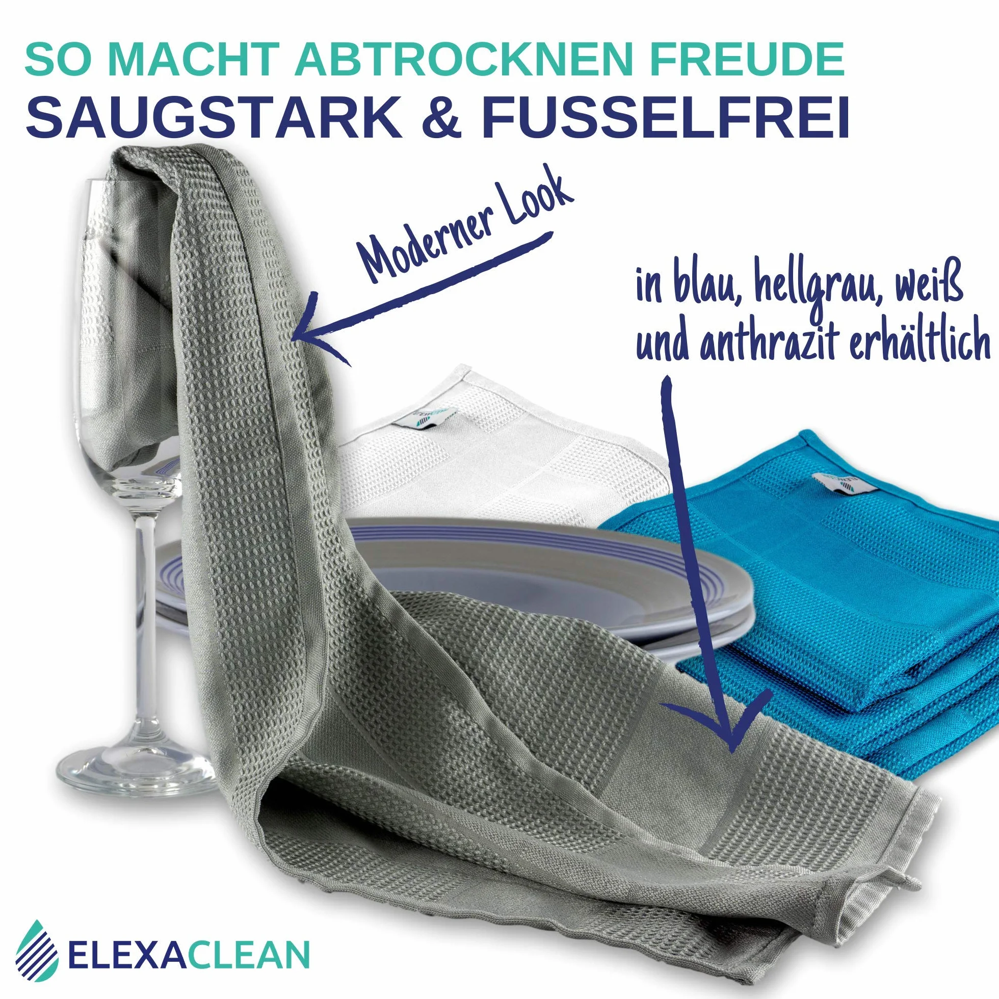 ELEXACLEAN ręczniki kuchenne mikrofibra (3 szt., 68x42 cm, biały) chłonne, można prać 60°C, nowoczesne wzornictwo