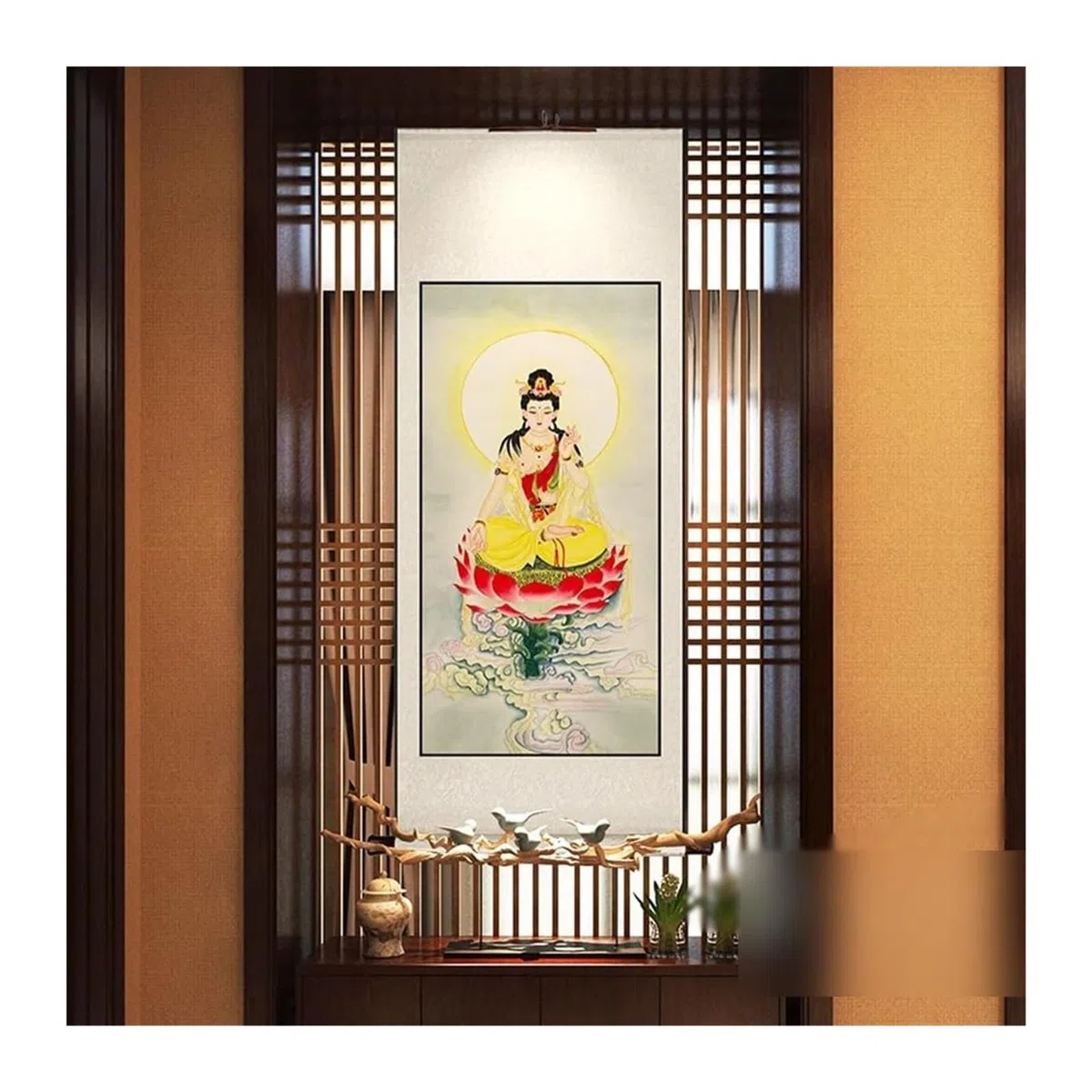 Pomyślny obraz zwoju Guanyin, starożytna chińska poza bóstwa, dekoracja muzeum Feng Shui, kolekcja prezentów urodzinowych(Creamy white E,79L x 186W cm)