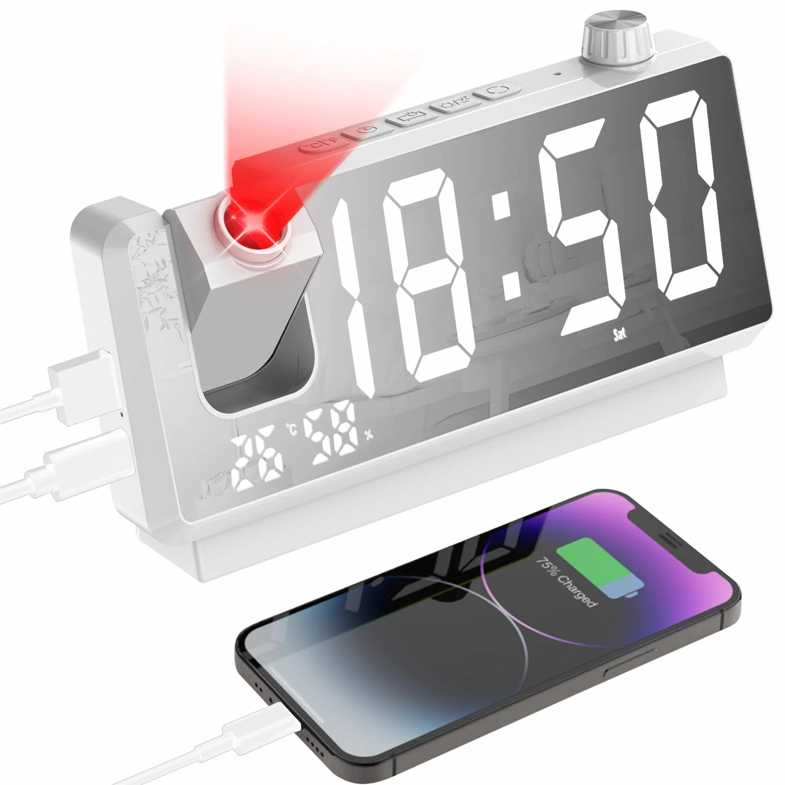 Cuteefun Budzik z projekcją LED 7" temperatura wilgotność 3 poziomy jasności 12/24 h 2 czasy budzenia biały