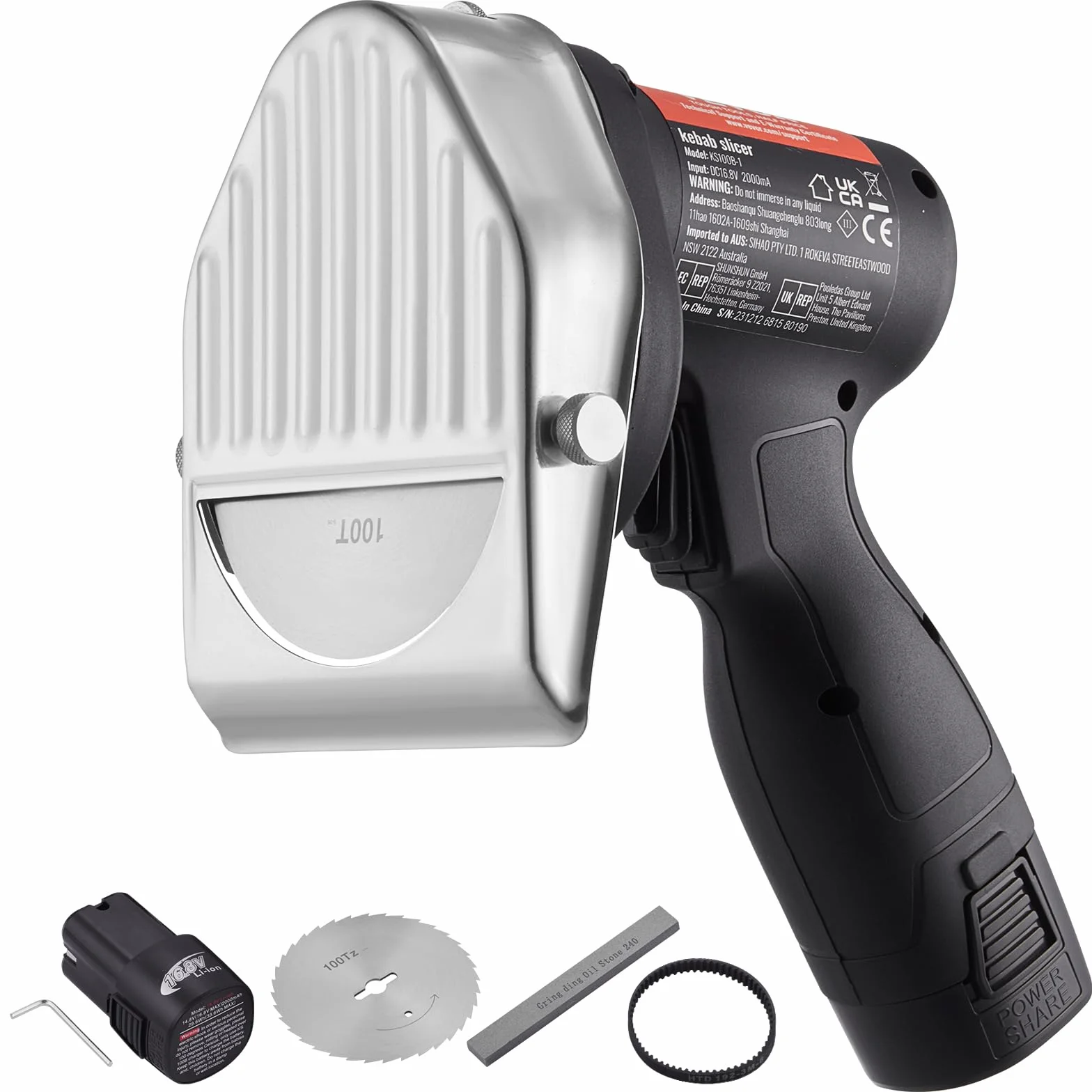 VEVOR Bezprzewodowy nóż do kebabu 80 W, stal nierdzewna, 2 ostrza D100 mm, regulacja 0-8 mm