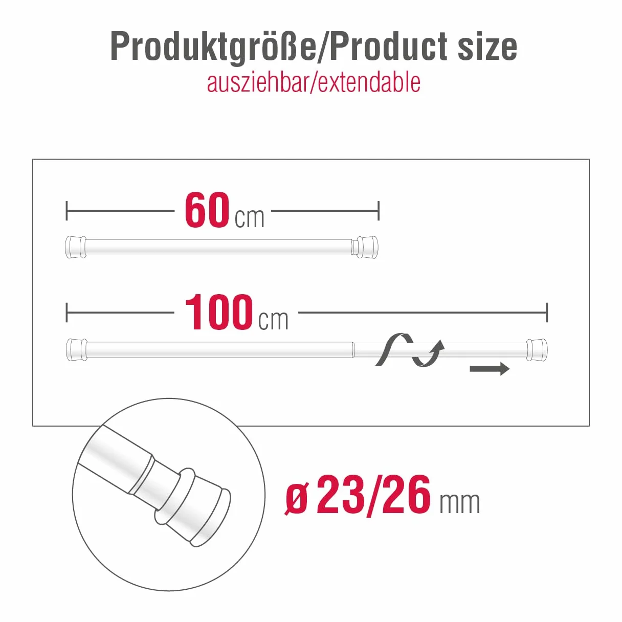 GARDINIA Karnisz metalowy, Wysuwany, Montaż bez śrub i wiercenia, Średnica: 23/26 mm, Długość: 60-100 cm, Biały