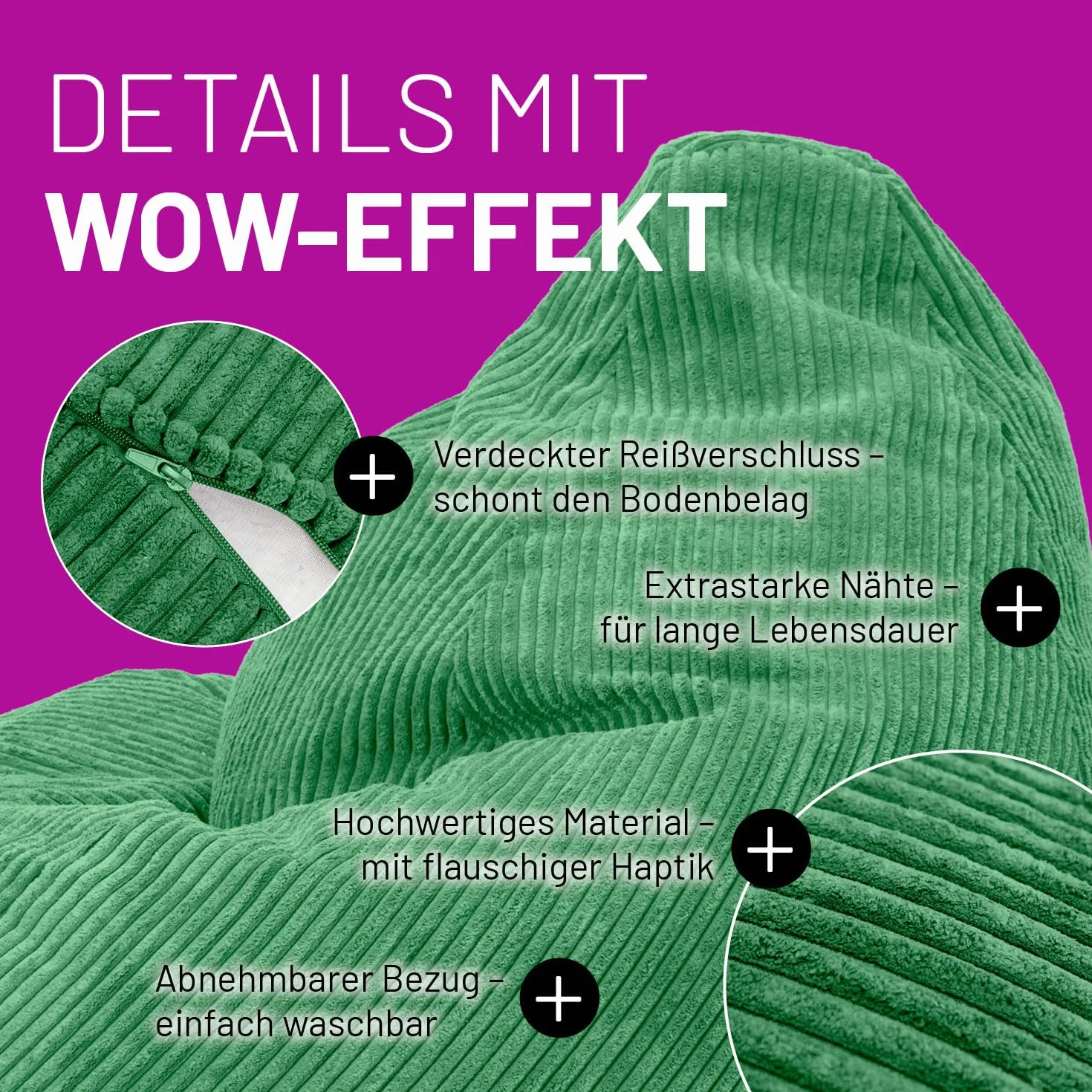 Lumaland Worek do siedzenia dla graczy XXL Sztruks Fotel Gamingowy Bean Bag 135 x 100 cm Ciemnozielony