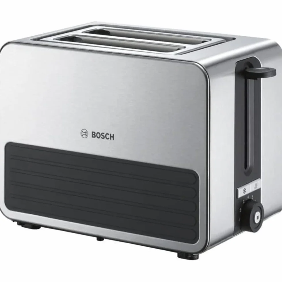 Bosch kompaktowy toster TAT7S25, zintegrowana nasadka do bułek ze stali nierdzewnej, z automatycznym wyłącznikiem, z funkcją rozmrażania, idealny na 2 kromki tostów, szeroki, funkcja podnoszenia, 1050