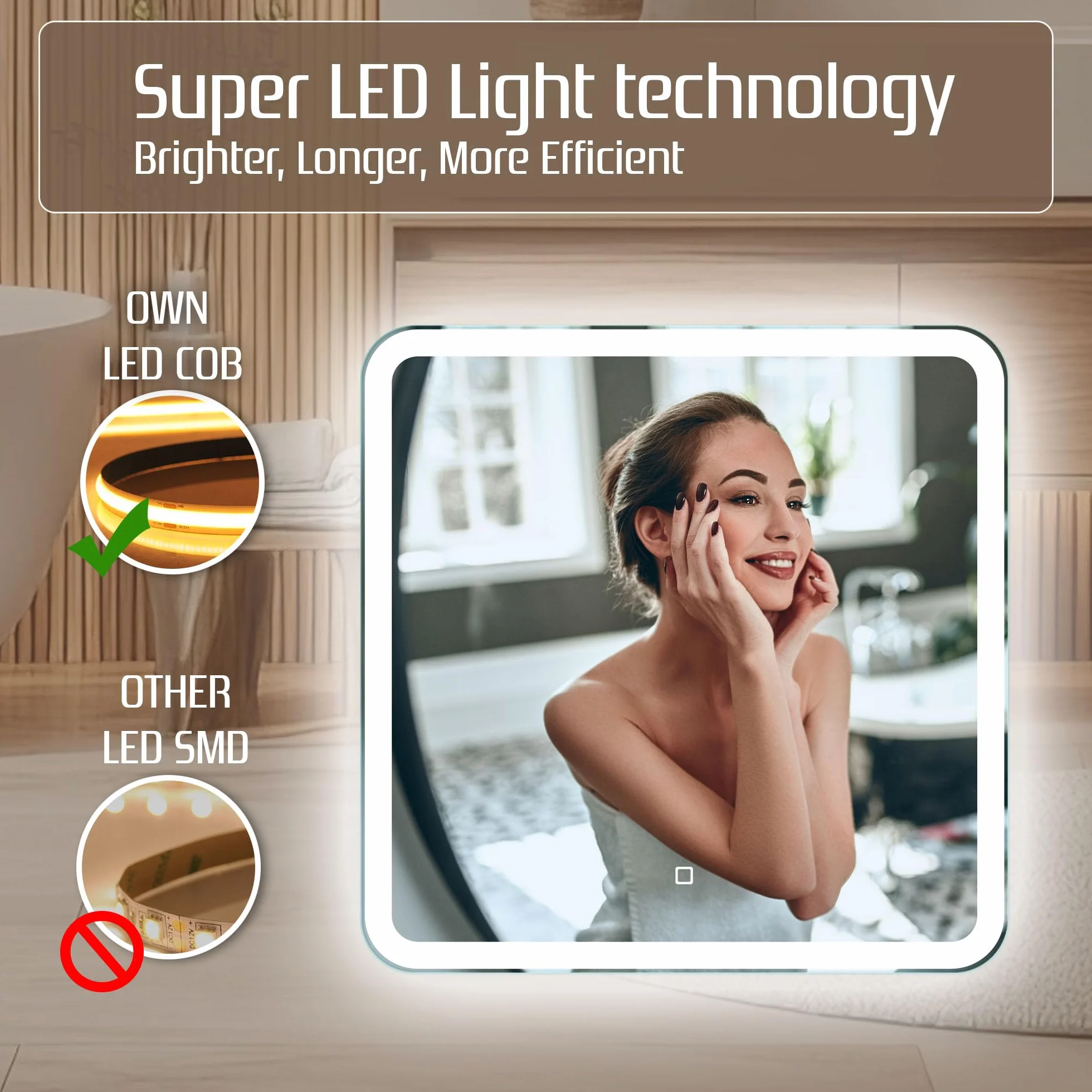 Venti Kwadratowe Lustro Łazienkowe LED 60x60cm, Lustro ścienne z oświetleniem LED, Naturalne Białe Światło, Zaokrąglone rogi, Podświetlane z przodu