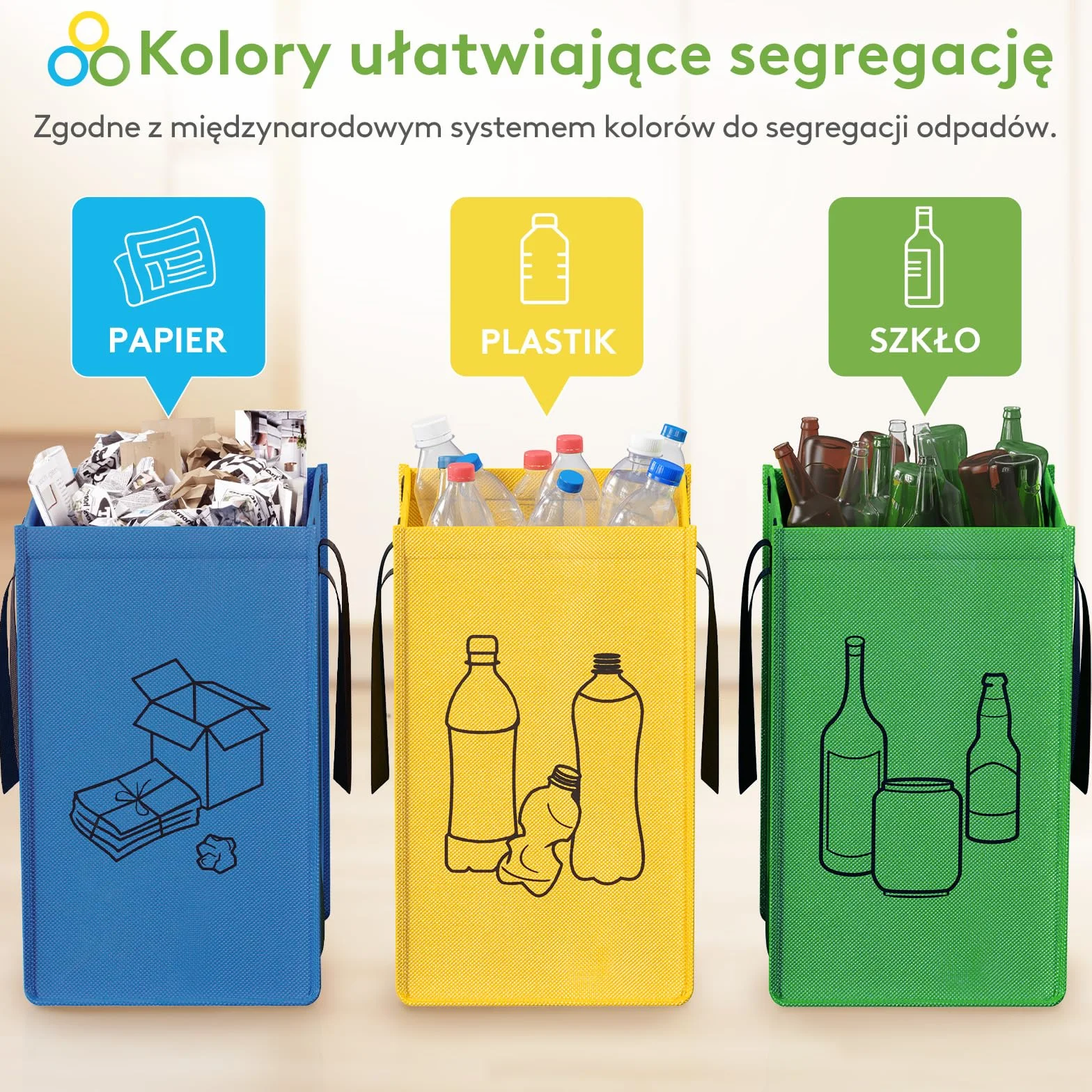 Lifewit System segregacji śmieci do kuchni, 3 przegródki na papier, szkło i plastik, pojemniki z recyklingu, pojemnik na odpady i butelki na kaucję, 3 x 45 l, łatwe opróżnianie