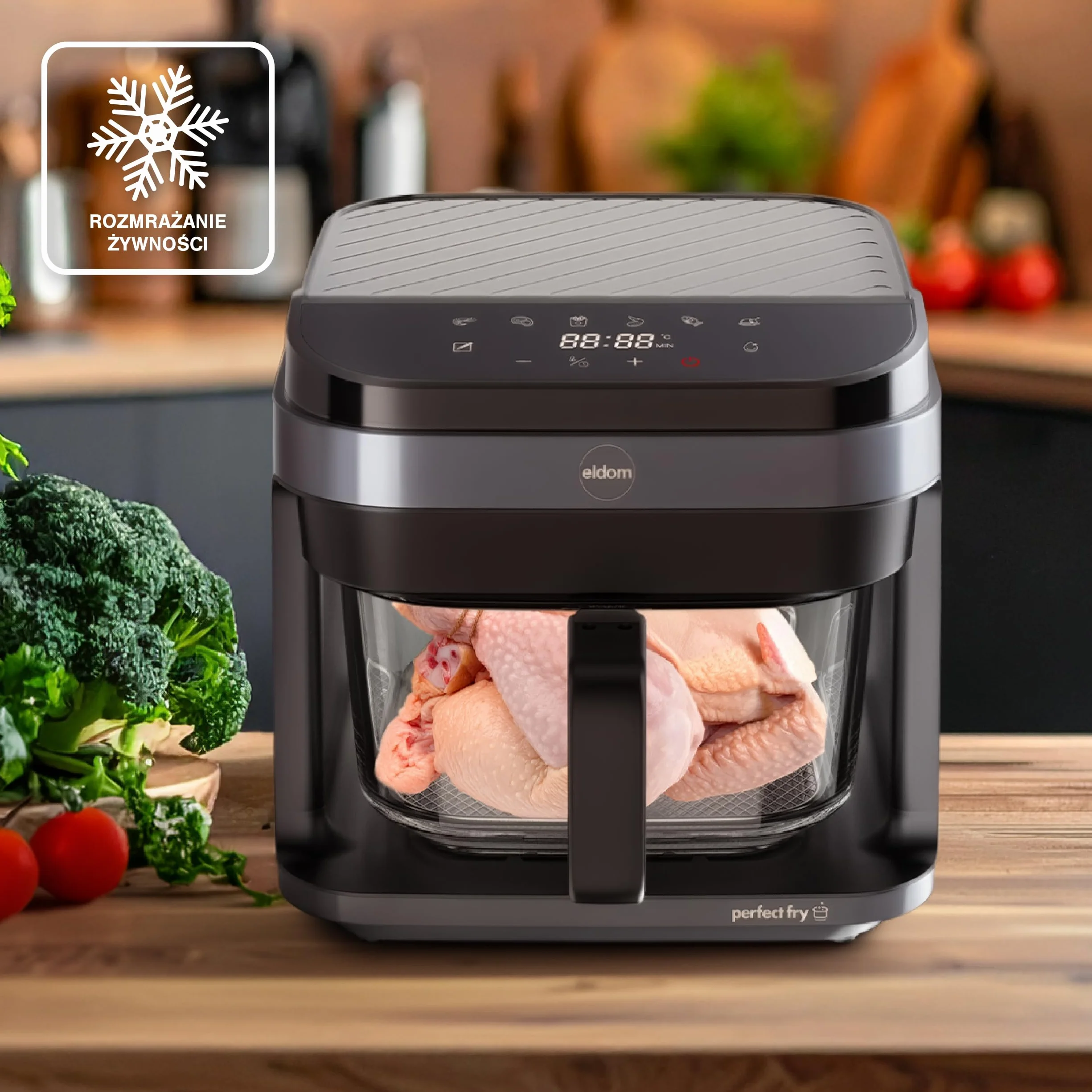 Frytownica Beztłuszczowa 5,5L Air Fryer 1200W, Szklany Kosz, 8 Programów, LED, Regulacja Temperatury 40–200°C, Rozmrażanie, FR500 Eldom