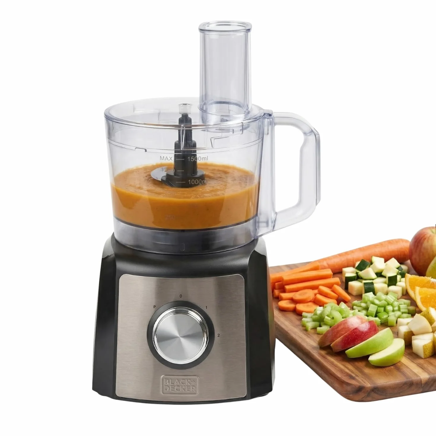 BLACK+DECKER BXFPA1200E robot kuchenny, 1200 W, pojemnik 1,5 l, 2 poziomy prędkości/funkcja turbo, 8 akcesoriów, ochrona przed odciskami palców, ostrza i tarcze ze stali nierdzewnej, nie zawiera BPA