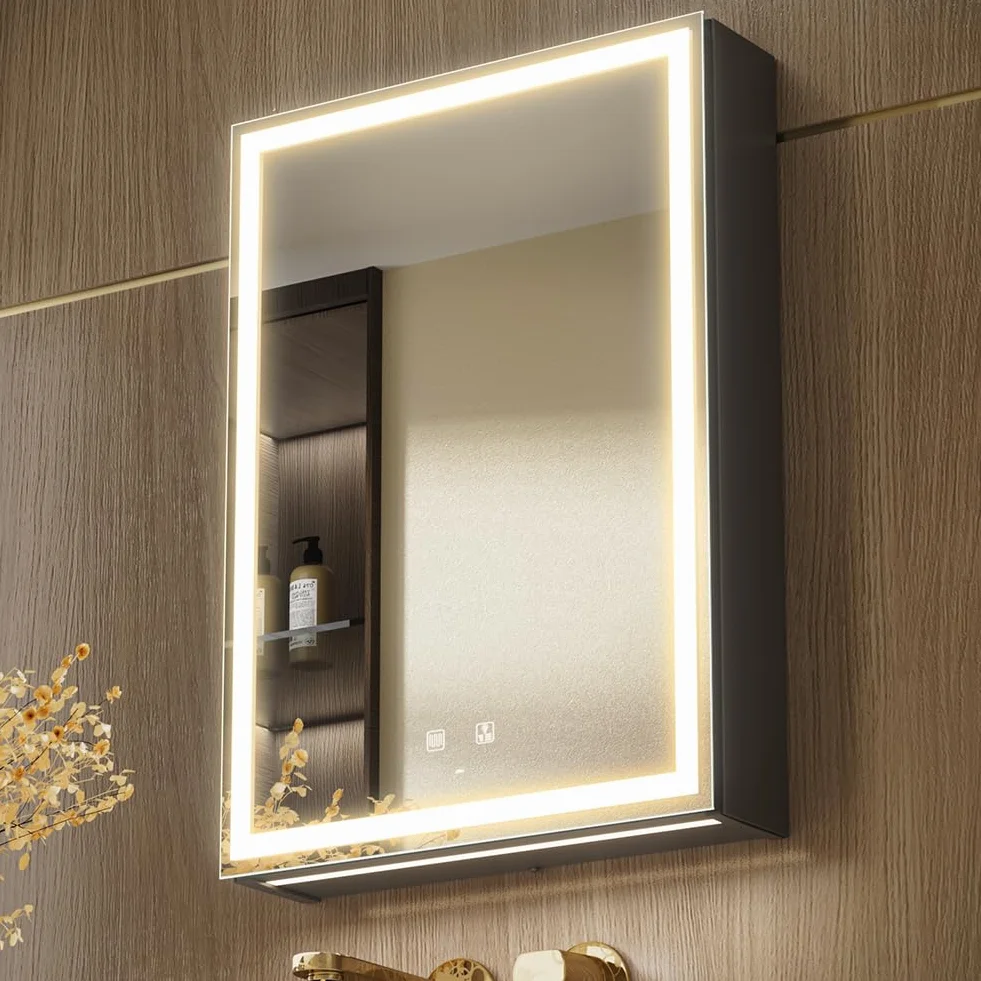 KWW 50 x 70 cm podświetlana szafka łazienkowa na lekarstwa z lustrem LED, odmgławiaczem, ściemniaczem, 3-kolorowe światło, lusterko do makijażu, łatwa instalacja, montowana na ścianie, szafka na leki