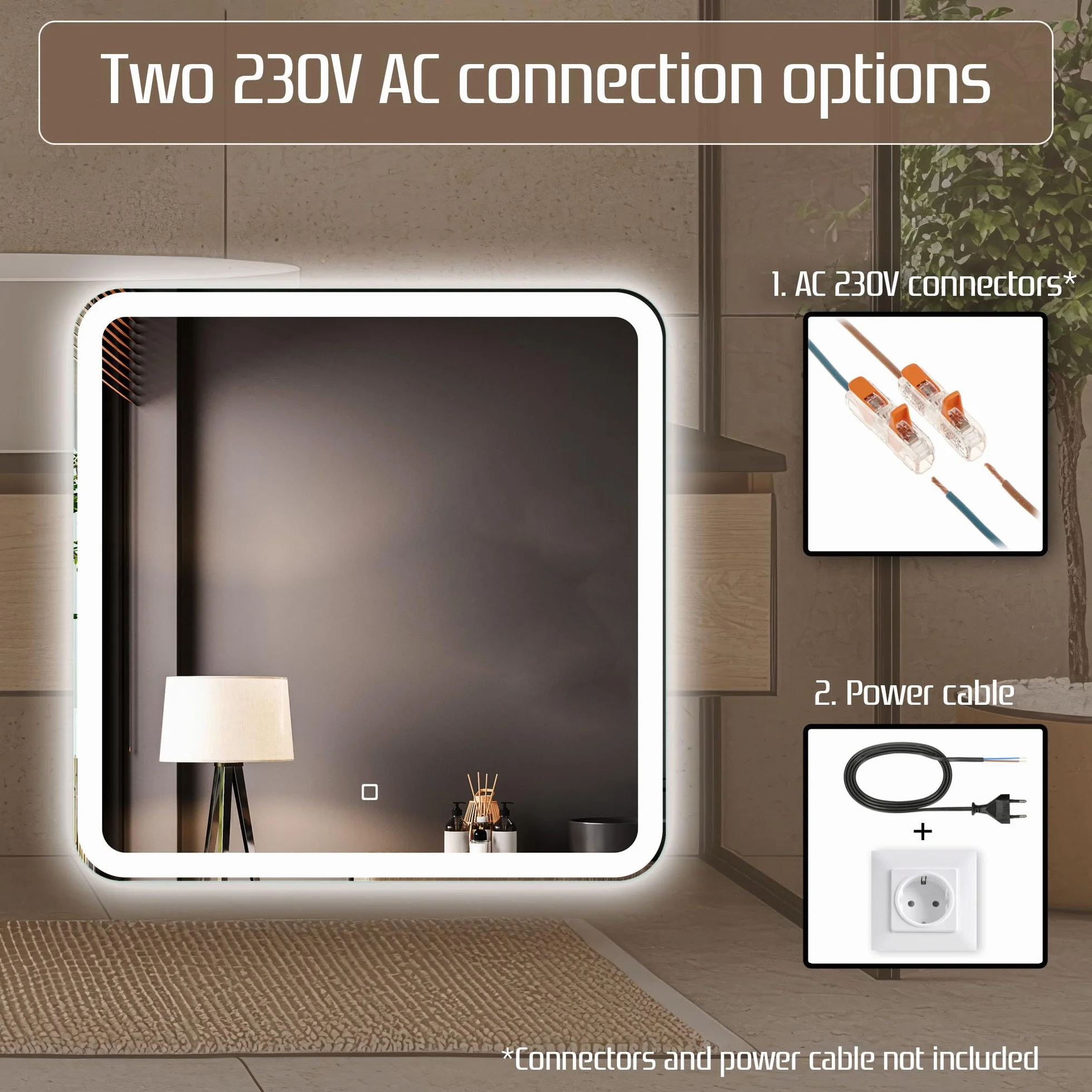 Venti Kwadratowe Lustro Łazienkowe LED 60x60cm, Lustro ścienne z oświetleniem LED, Naturalne Białe Światło, Zaokrąglone rogi, Podświetlane z przodu