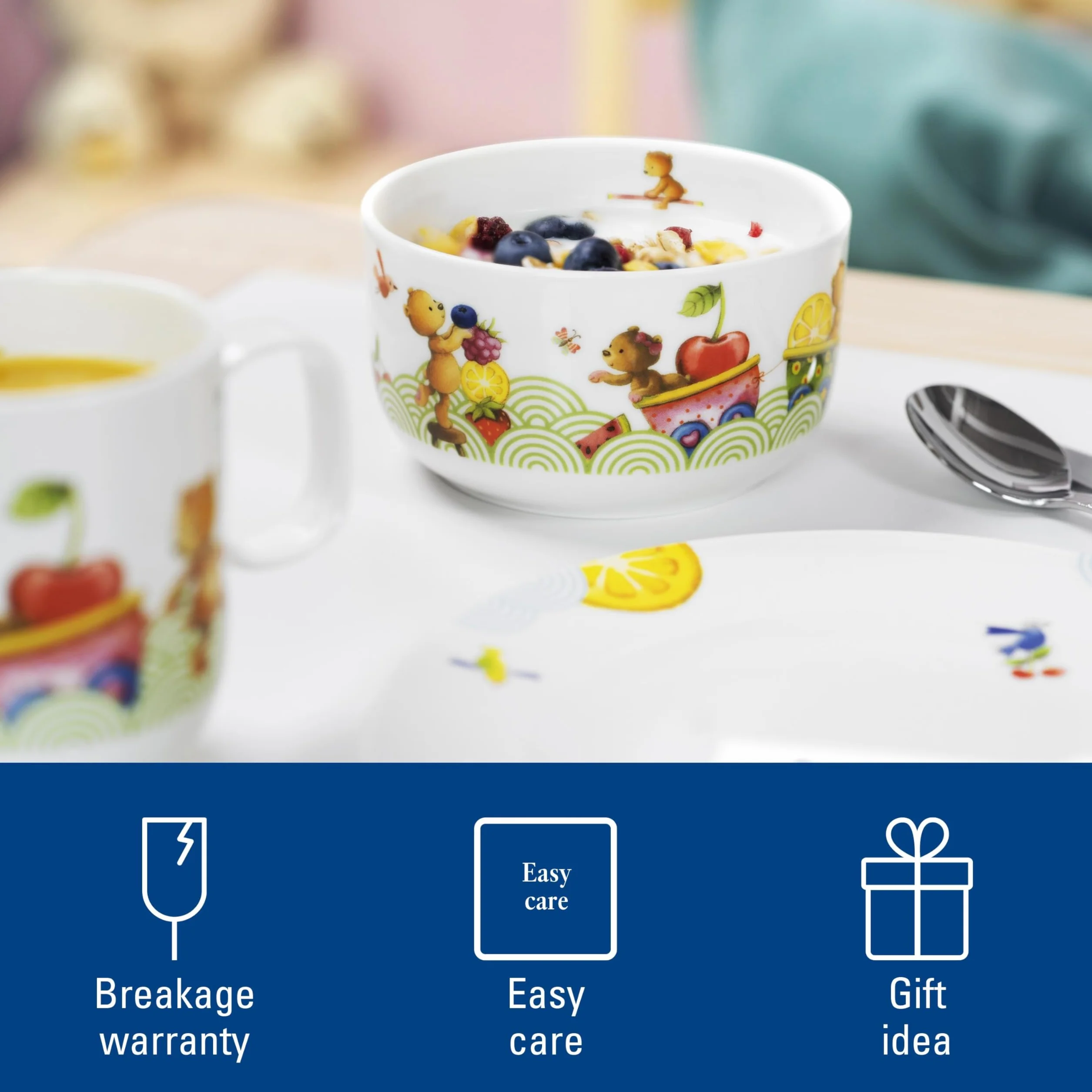 Villeroy & Boch – Hungry as a Bear, 7-cz. zestaw naczyń stołowych dla dzieci ze sztućcami, porcelana Premium, stal nierdzewna 18/10, biały/wielokolorowy