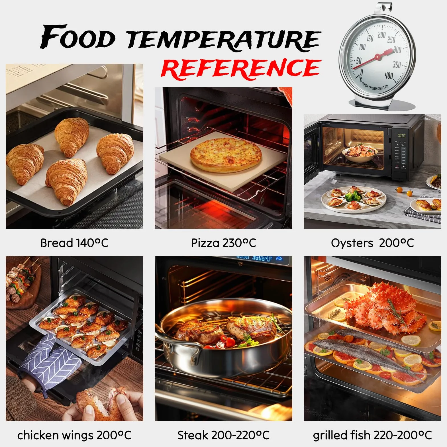 Termometr do piekarnika ze stali nierdzewnej 0-400°C wielofunkcyjny z dużym cyferblatem