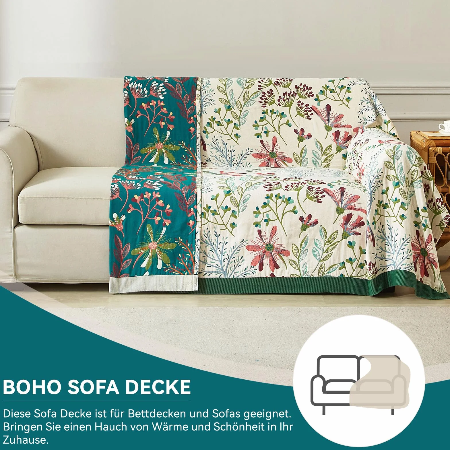 Bailix koc boho 100% bawełna 230 x 250 cm muślin frędzle dwustronny patchwork Zielony Beżowy