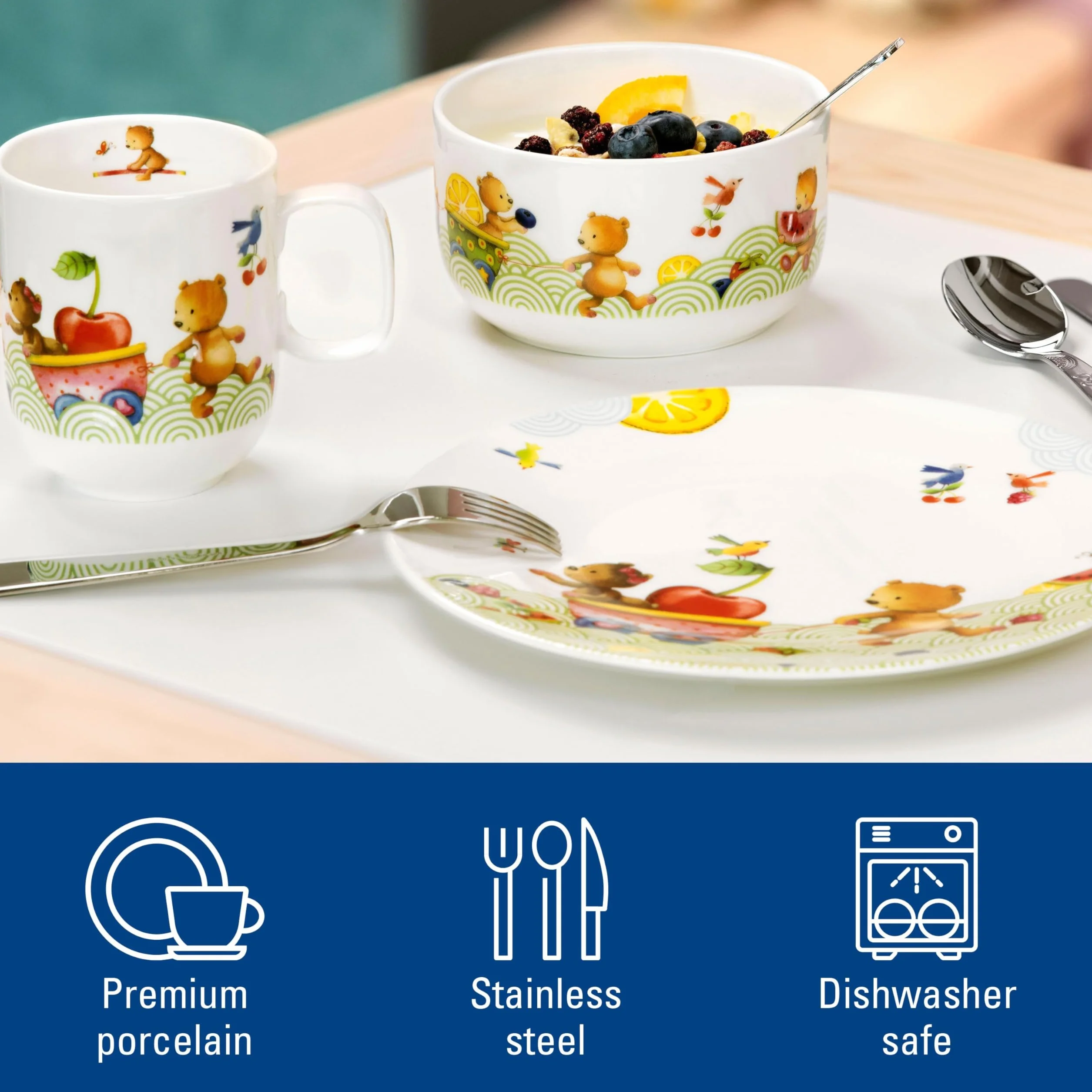 Villeroy & Boch – Hungry as a Bear, 7-cz. zestaw naczyń stołowych dla dzieci ze sztućcami, porcelana Premium, stal nierdzewna 18/10, biały/wielokolorowy