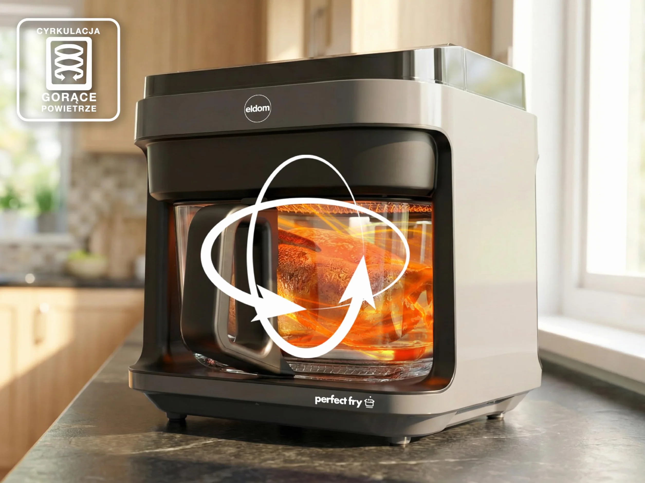 Frytownica Beztłuszczowa 5,5L Air Fryer 1200W, Szklany Kosz, 8 Programów, LED, Regulacja Temperatury 40–200°C, Rozmrażanie, FR500 Eldom