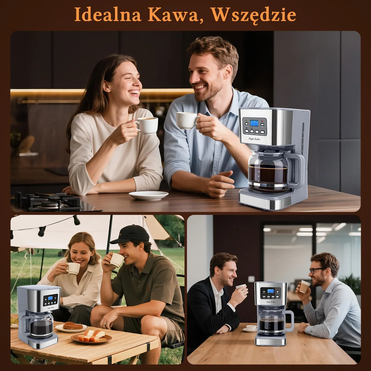 Taylor Swoden Amerykański ekspres do kawy 950 W na 12 filiżanek i pojemności 1,5 l z filtrem wielokrotnego użytku i podstawą utrzymującą ciepło, system zapobiegający kapaniu, timerowi i BPA FREE