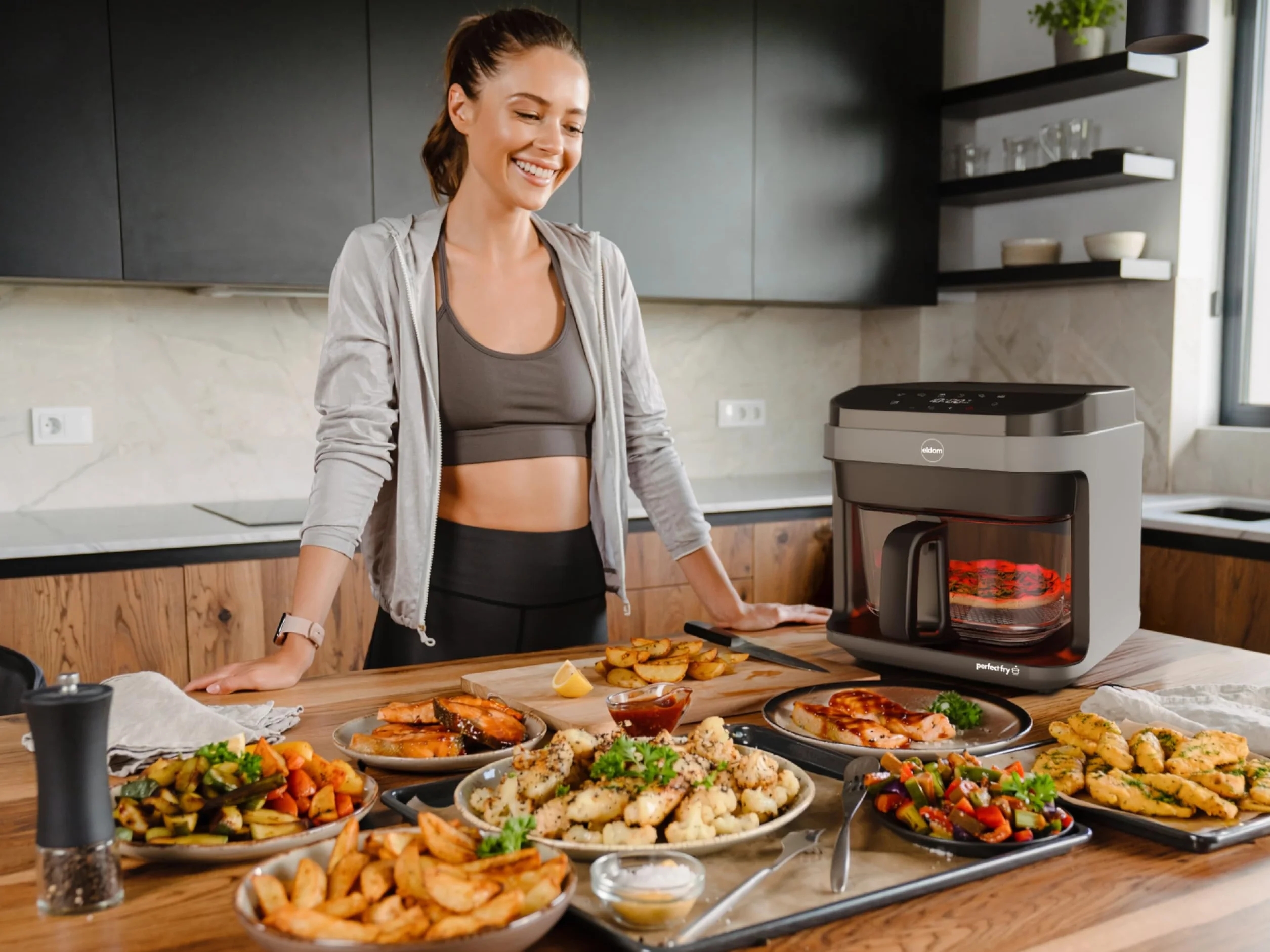 Frytownica Beztłuszczowa 5,5L Air Fryer 1200W, Szklany Kosz, 8 Programów, LED, Regulacja Temperatury 40–200°C, Rozmrażanie, FR500 Eldom